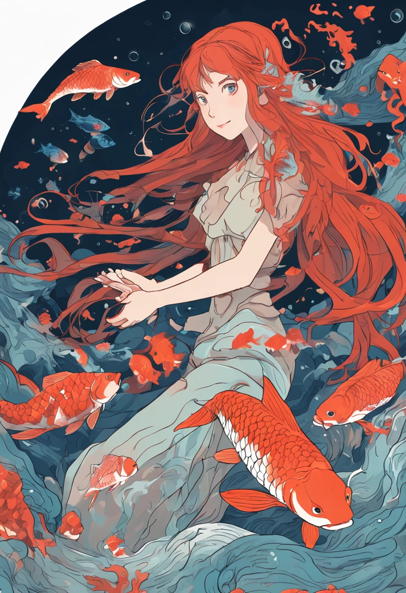 In the deep sea, A long-haired girl holds a koi fish in her arms,Ultra-clear,2D,Emphasize red and blue,Golden section