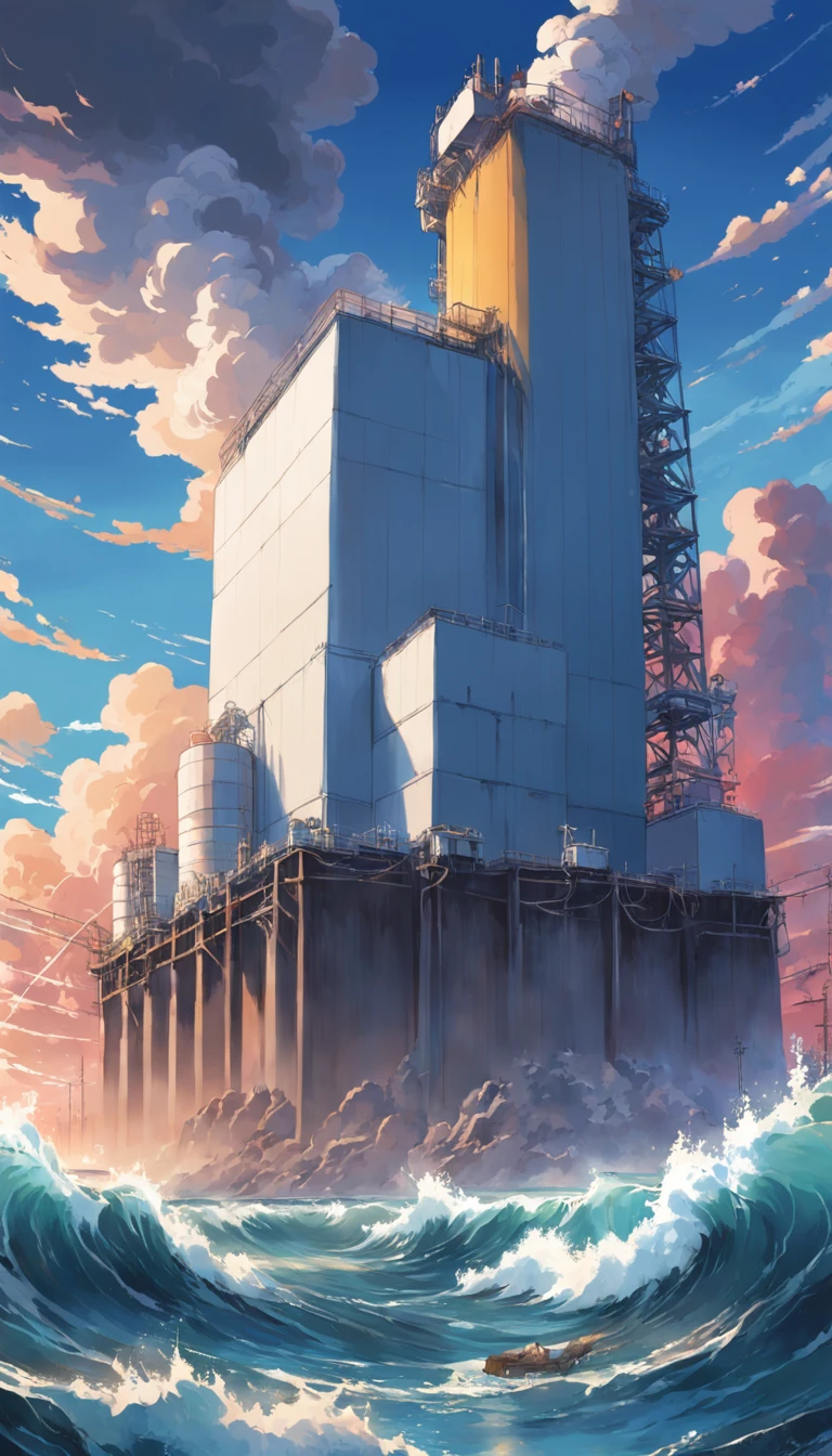 Depicting the appearance of the Fukushima nuclear power plant, Show the discharge outlet to dump contaminated water into the ocean. Emphasize the contrast between nuclear power plants and the vast sea