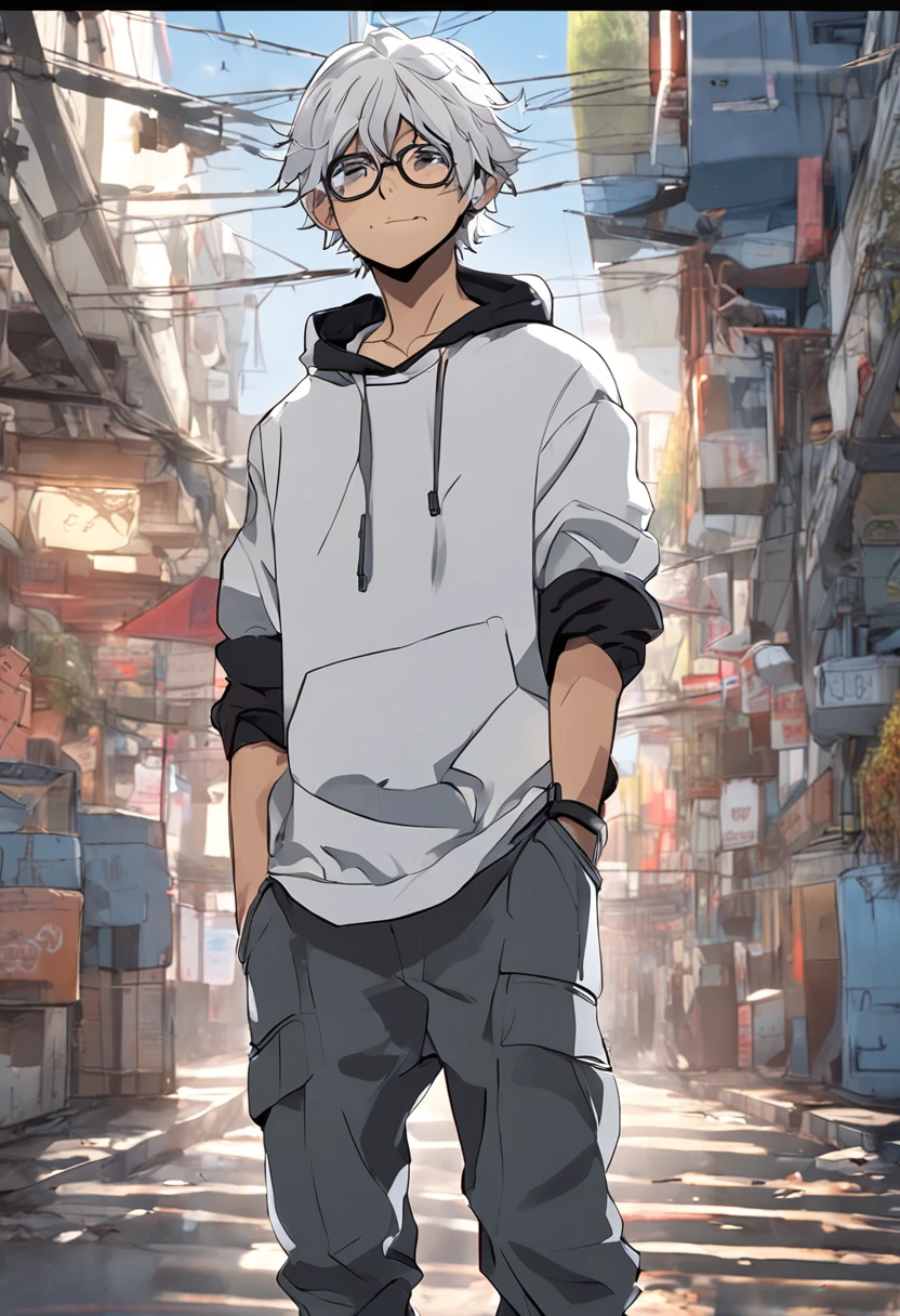 Gray-haired Japanese anime youth,Wearing VR glasses,, White hoodie, White shorts, No tattoos, Not bearded 