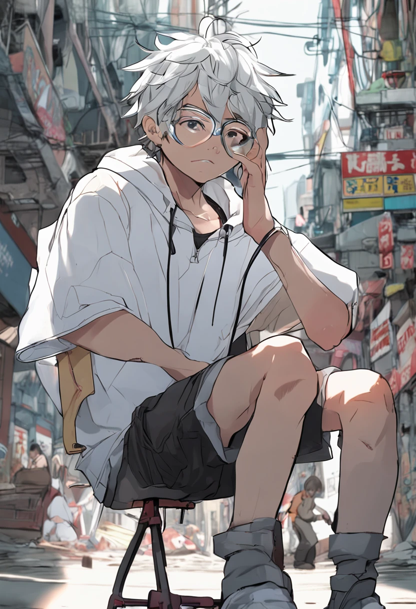 Gray-haired Japanese anime youth,Wearing VR glasses,, White hoodie, White shorts, No tattoos, Not bearded