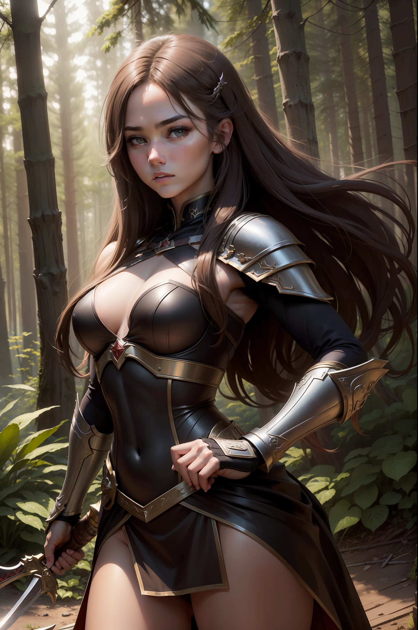 (8K,Photorealsitic Raw photography top-quality;1.4) (1girl in) Super beauty (Lifelike face) Muscular and macho female body (Brown hair long hair) Hold the sword correctly and hold it in front of you combat scene Metallic black and red armor Beautiful expression glareing (real looking skin) (sorcerer) enticing 超A high resolution A hyper-realistic high detal fully body photo ln the forest