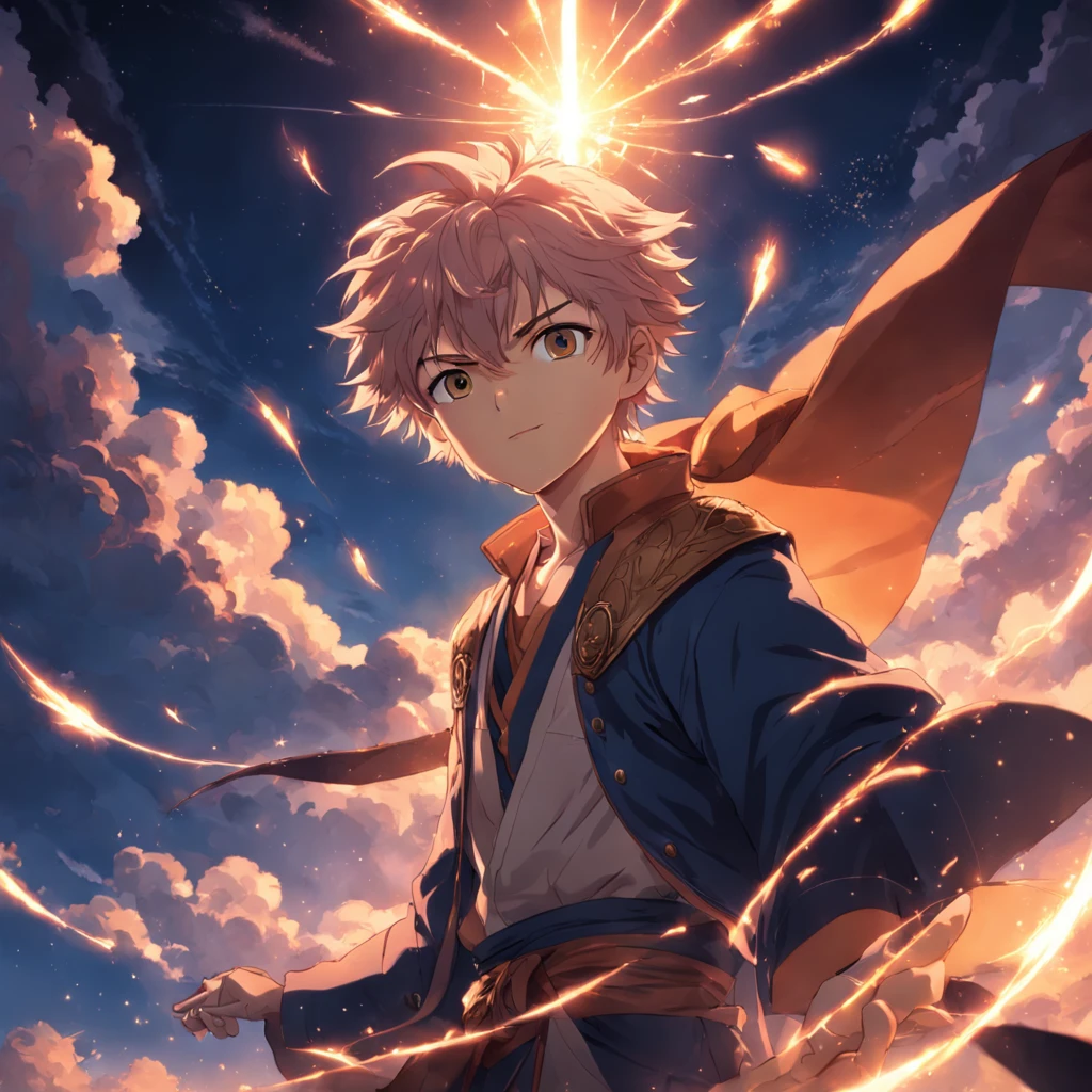 obra-prima, melhor qualidade, filme ainda, 1men, wizard nuvem, floating into the sky, close-up, brilhante, feliz, Soft lighting and Warm, sun sunset, (Sparks: 0,7)
