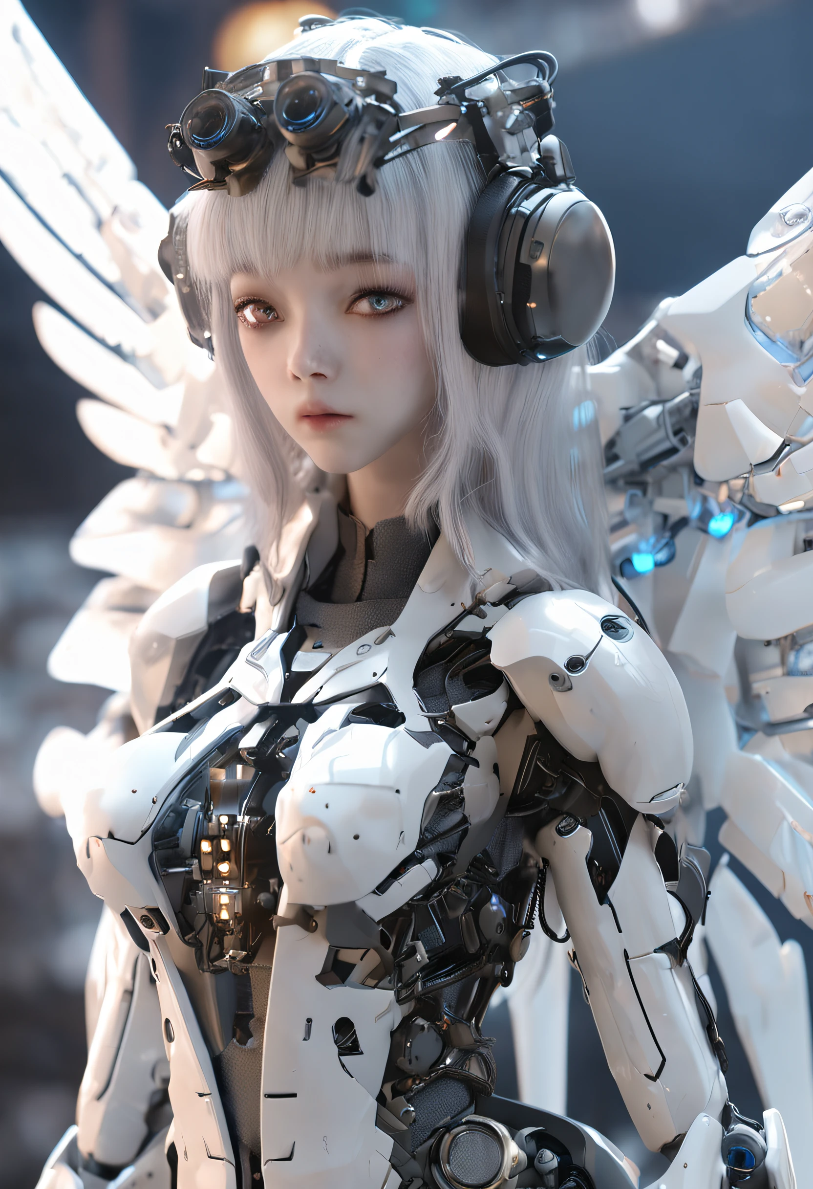 top-quality、​masterpiece、超A high resolution、(Photorealsitic:1.4)、Raw photo、Steampunk Cyborg Angel、large wings made of metal、White porcelain body、white  hair、glowy skin、1 Cyborg Girl、((super realistic details))、portlate、globalillumination、Shadow、octan render、8K、ultrasharp、character edge light,Colossal tits、Raw skin is exposed in cleavage、Details of complex ornaments、Acrylic Clear Cover、Sumerian details、Hydraulic cylinder、Small LED lamp、highly intricate detail、Realistic light、a purple eye、radiant eyes、Facing the camera、neon details、cowboy  shot、Futuristic headgear、About Cyberpunk、、