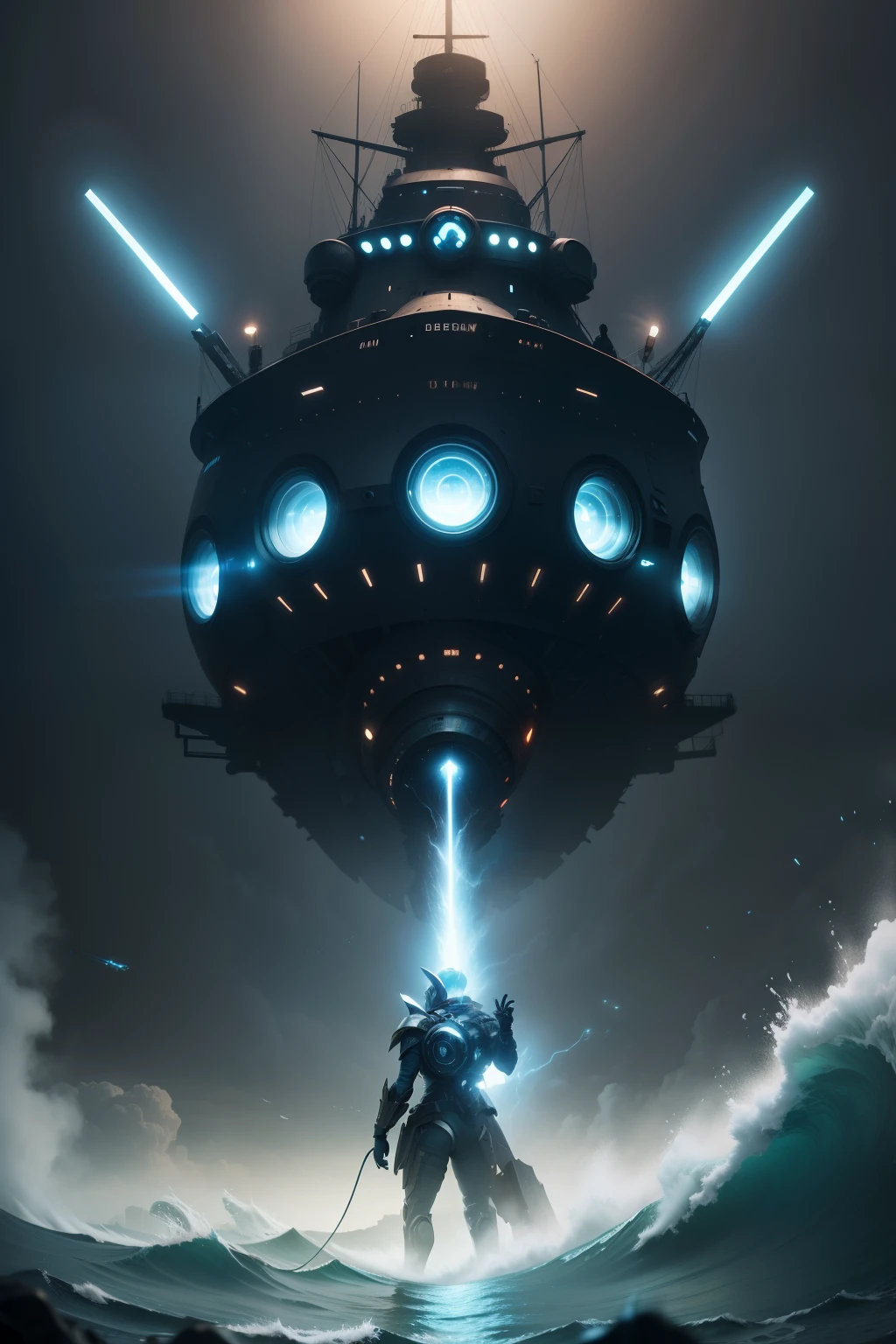 A teslapunk retrofuturistic 1930s ship, around the tesla coil sparks blue electric sparks]::2 [in the background behind the ship we see a gigantic head of Cthulhu as big as the horizon with thousands of eyes semi-emerged from water]::2 [in a rough sea during a big storm]::1.5 [photorealistic photography, hyperrealistic, hyperdetailed, photography, hyperfocus, unreal engine 5, octane rendering, hdr, 16k, high resolution, award-winning photography, horror, suspense, dozens of gigantic tentacles of Cthulhu, electromagnetic pulse, sci-fi, cinematic composition, cinematic scene, wide angle lens, sharp focus, HDR, lens flare, panorama, panoramic, fisheye lens, far away, drone view]::1 [ugly, tiling, poorly drawn hands, poorly drawn feet, poorly drawn face, out of frame, extra limbs, disfigured, deformed, body out of frame, blurry, bad anatomy, blurred, watermark, grainy, signature, cut off, draft, text]::-2 --ar 3:2 ​