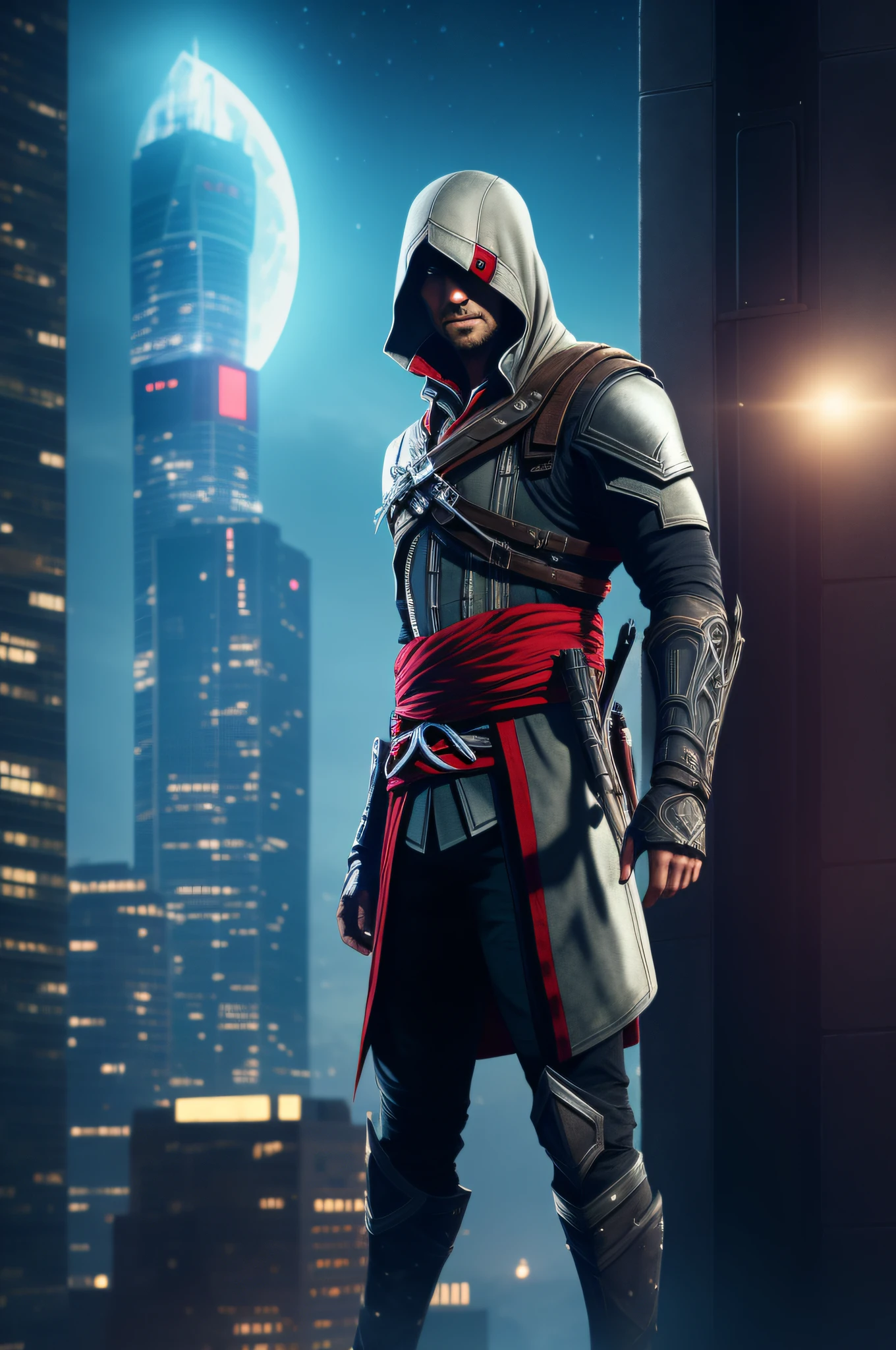Mechanical protagonist from the game Assassin's Creed in the form of a cyborg on the roof of a skyscraper, Robot arm, Cyborg Arm, Cyberpunk style, night starry sky, Maximum realism, Cinematography, foto realista, tmasterpiece, 8k