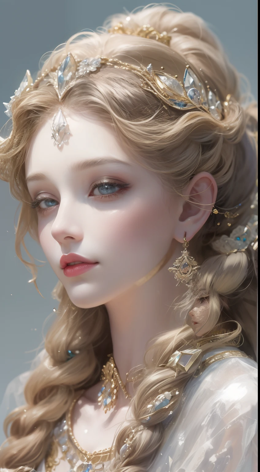 tmasterpiece,Best picture quality,A beautiful bust of a noble maiden,Delicate braids,Clear eyes,The hair is covered with beautiful and delicate floral craftsmanship,Crystal jewelry filigree,Ultra-detailed details,Soft lighting。