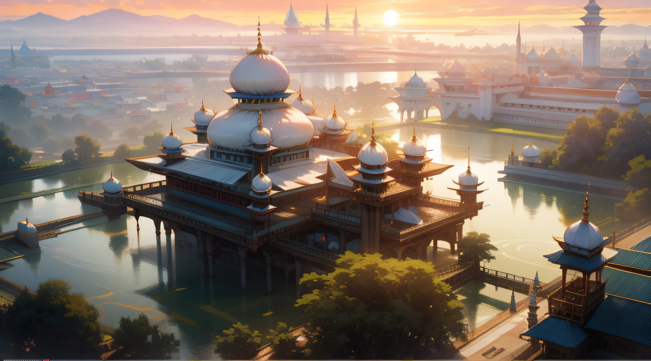 arafed view of a mosque with a lake in front of it, with beautiful mosques, malaysian, mosque, floating palace, shutterstock, islamic architecture, during sunset, light above palace, watermark:-1, palace floating in the sky, during sunrise, majestic masterpiece, malaysia with a paddy field, indian temple, palace floating in heaven, mystical setting