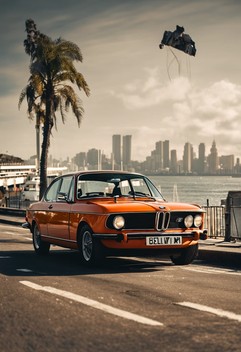 (Master Parts, High resolution, Beautiful fece:1.2), BMW cars of the 1970s, (Exterior Retro Orange:1.1), iconic design, Cruise along Harbour Road, (reflective light:1.2), Sunshine, Rustling sea breeze, (Look: harbor:1.1), Waves crashing on the shore, Mirrored city skyline, Nostalgic atmosphere, A play of light and shadow, Rich Layers, captivating moment, Old World Street View, Vintage feel, Moments of decline