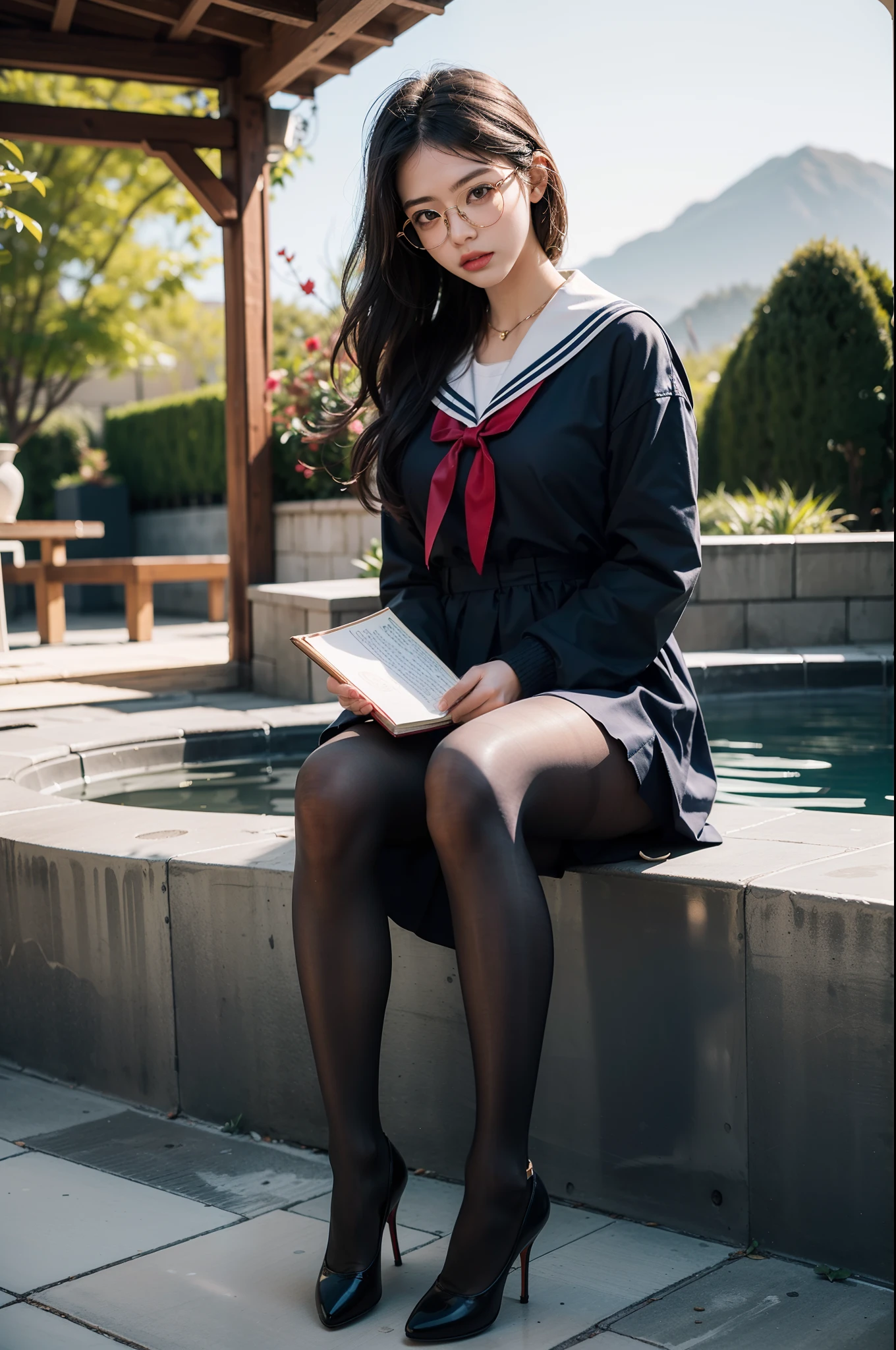 (full body:1.5),(1girl:1.3),(view the viewer:1.4),(anatomy correct:1.3),(Sitting in the hot spring:1.2),(He wears large glasses and holds a book in his hand:1.15),(shy:1.15),(A Khaki and blue Sailor dress with ribbons:1.2),(Tan Pantyhose:1.3),( Uniform high heels leather shoes with bows for female students:1.1),(Accurate and perfect face:1.3),hyper HD, Ray traching, reflective light, structurally correct, Award-Awarded, high detail, lighten shade contrast, Face lighting ,cinematic lighting, masterpiece, super detailing, high quality, high detail, best quality, 16k,High contrast,