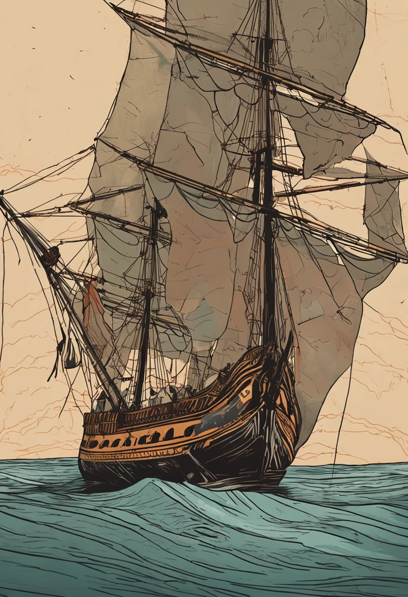 a canoe next to a sixteenth-century Portuguese vessel stopped at sea with crew, obra-prima, melhor qualidade, alta qualidade, papel de parede extremamente detalhado da unidade CG 8k, scenecy, Ao ar livre, heaven, nuvem, dia, caravela portuguesa, mar, tripulantes, fotografia premiada, Bokeh, profundidade de campo, HDR, flor, chromatic aberration, fotorrealista, extremamente detalhado, trending on ArtStation, trend at CGSociety, intrincado, alto detalhe, dramatic, arte no meio da jornada