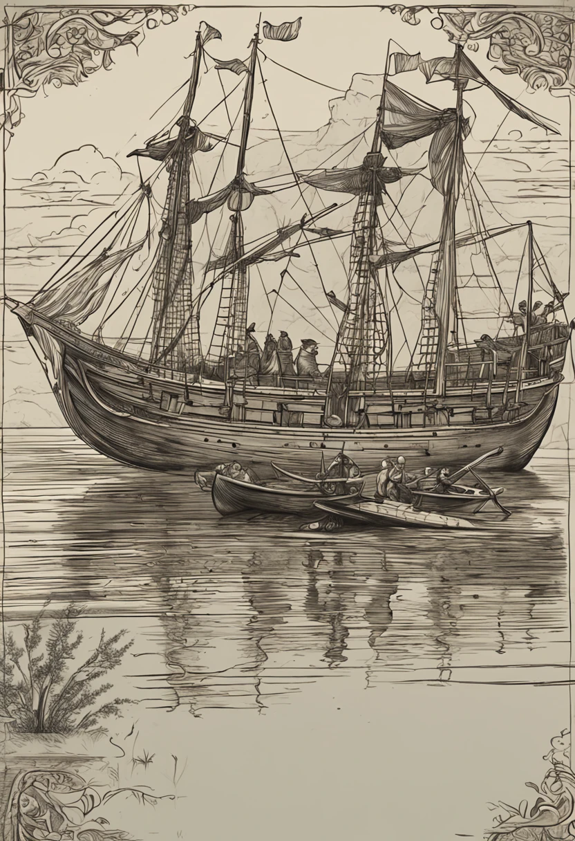 a canoe next to a sixteenth-century Portuguese vessel stopped at sea with crew, obra-prima, melhor qualidade, alta qualidade, papel de parede extremamente detalhado da unidade CG 8k, scenecy, Ao ar livre, heaven, nuvem, dia, caravela portuguesa, mar, tripulantes, fotografia premiada, Bokeh, profundidade de campo, HDR, flor, chromatic aberration, fotorrealista, extremamente detalhado, trending on ArtStation, trend at CGSociety, intrincado, alto detalhe, dramatic, arte no meio da jornada