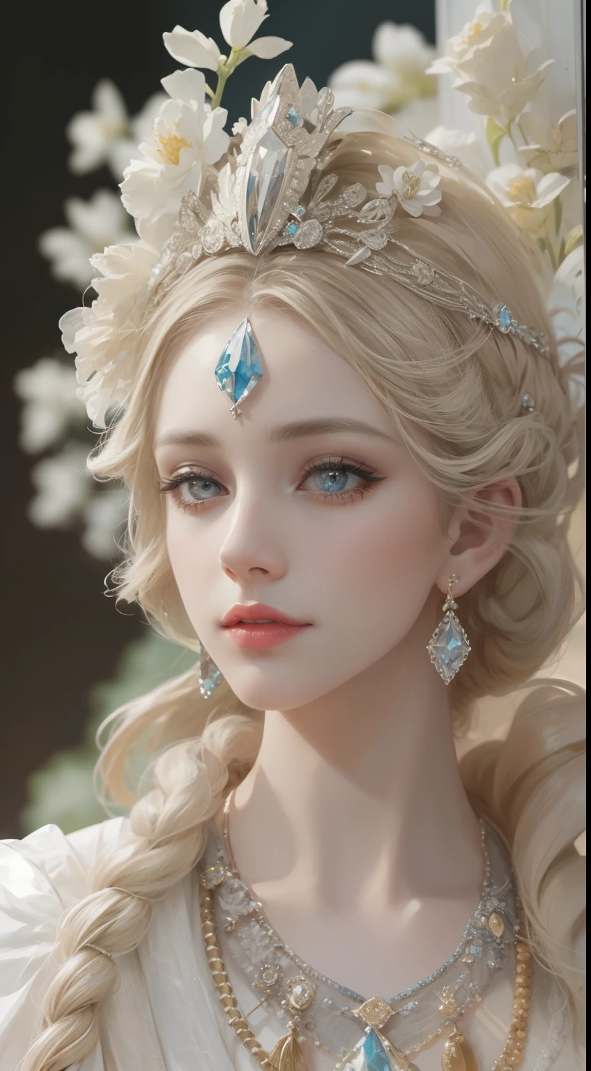 tmasterpiece，Best picture quality，A beautiful bust of a noble maiden，Delicate braids，Clear eyes，The hair is covered with beautiful and delicate floral craftsmanship，Crystal jewelry filigree，Ultra-detailed details，Soft lighting。