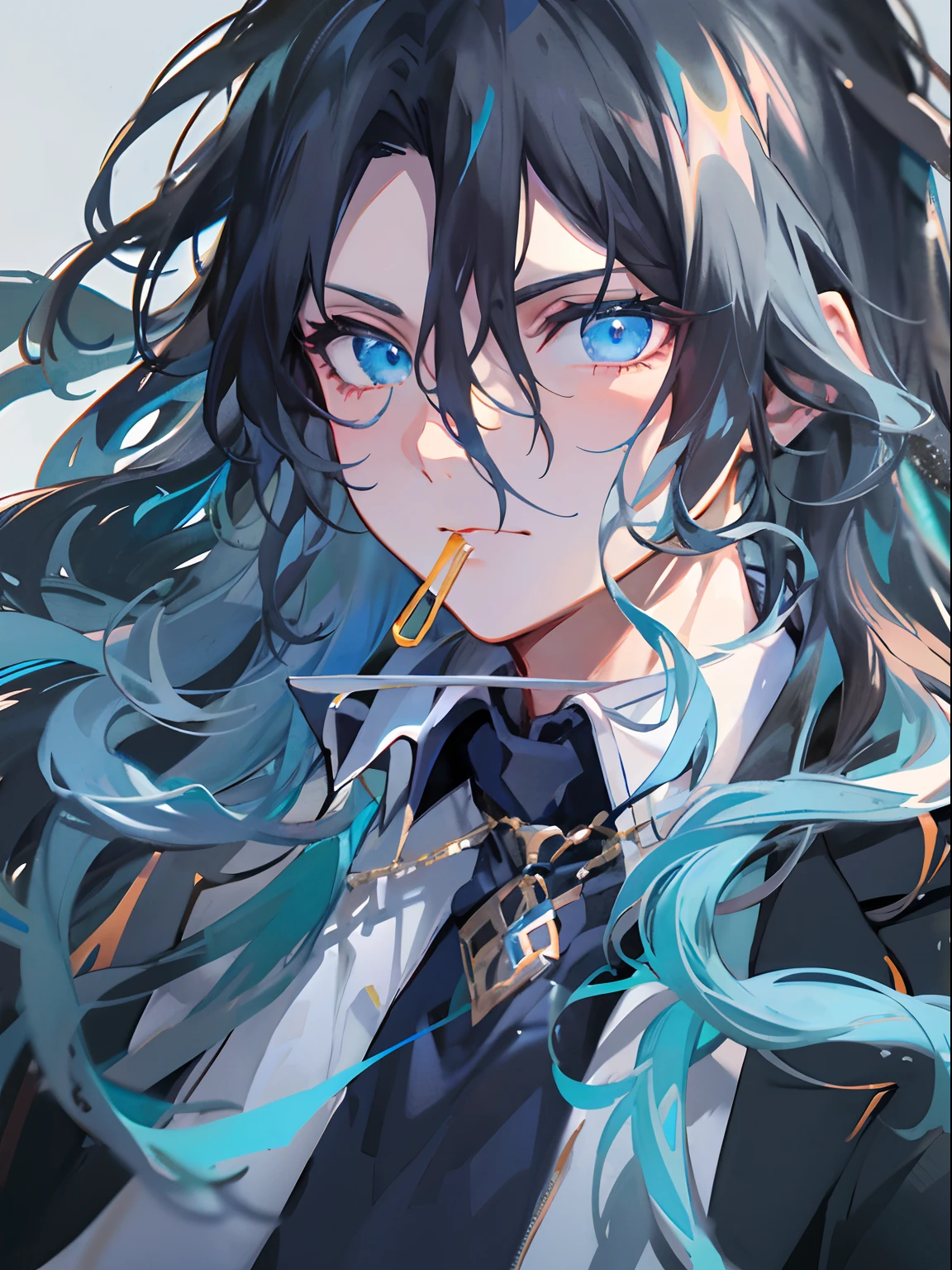 Libido boy,Long hair,Tie your hair with your hands,Biting the hair rope in his mouth,bright light blue eyes,inner colored,Black hair and light blue ends,Cold background - linear art,Close-up of the head