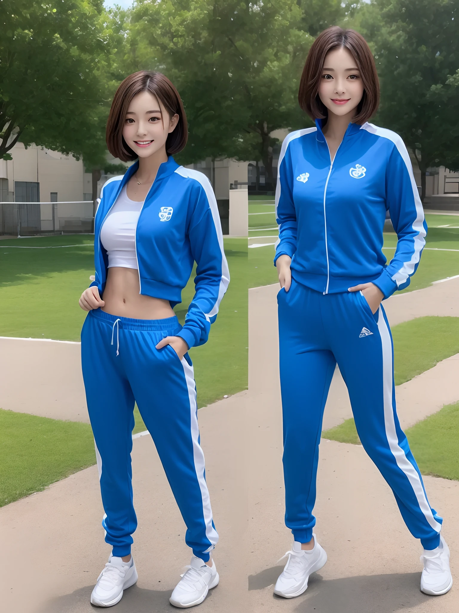 1 very beautiful female high school student,Wear blue and white tracksuits,Play volleyball on the school playground,Super high value,Petite perfect body,Beautiful ultra-short hair,Delicate hair,Fair face and skin,There are beads of sweat hanging down,Have fun on the playground,Breasts are full and huge:1.5,Chest hyperexcion,(The tracksuit on the chest is high and bulging, Tightness and bulging:1.5),Delicate fair and soft toes,White and delicate fingers,fully body photo