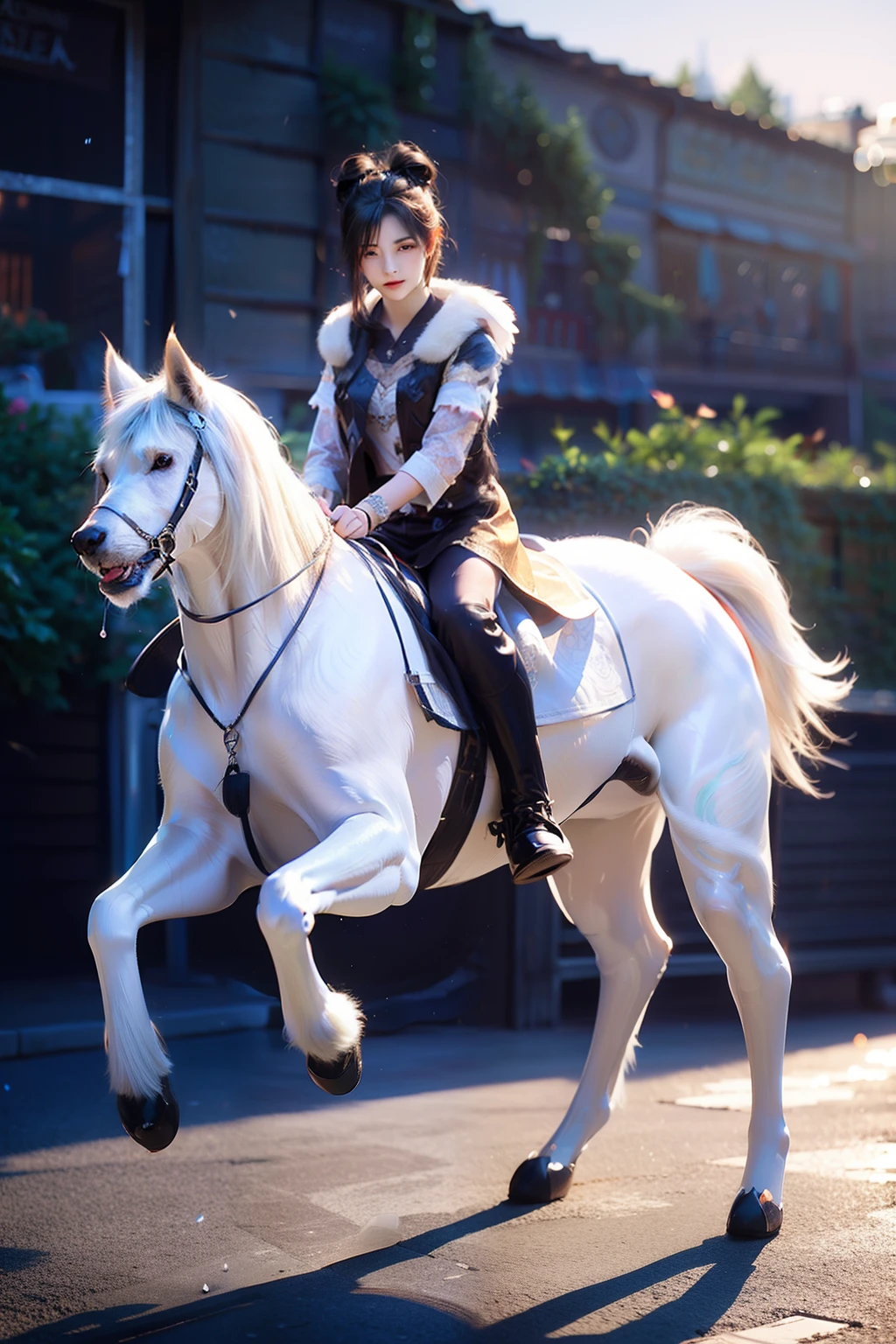a  girl，Riding a giant lovely dog，transparent glass texture，3D, All characters in detailed full body, Highly detailed, vibrant, Ultra high quality, hyper photorealism, Photorealism, rendering by octane，Glass texture
