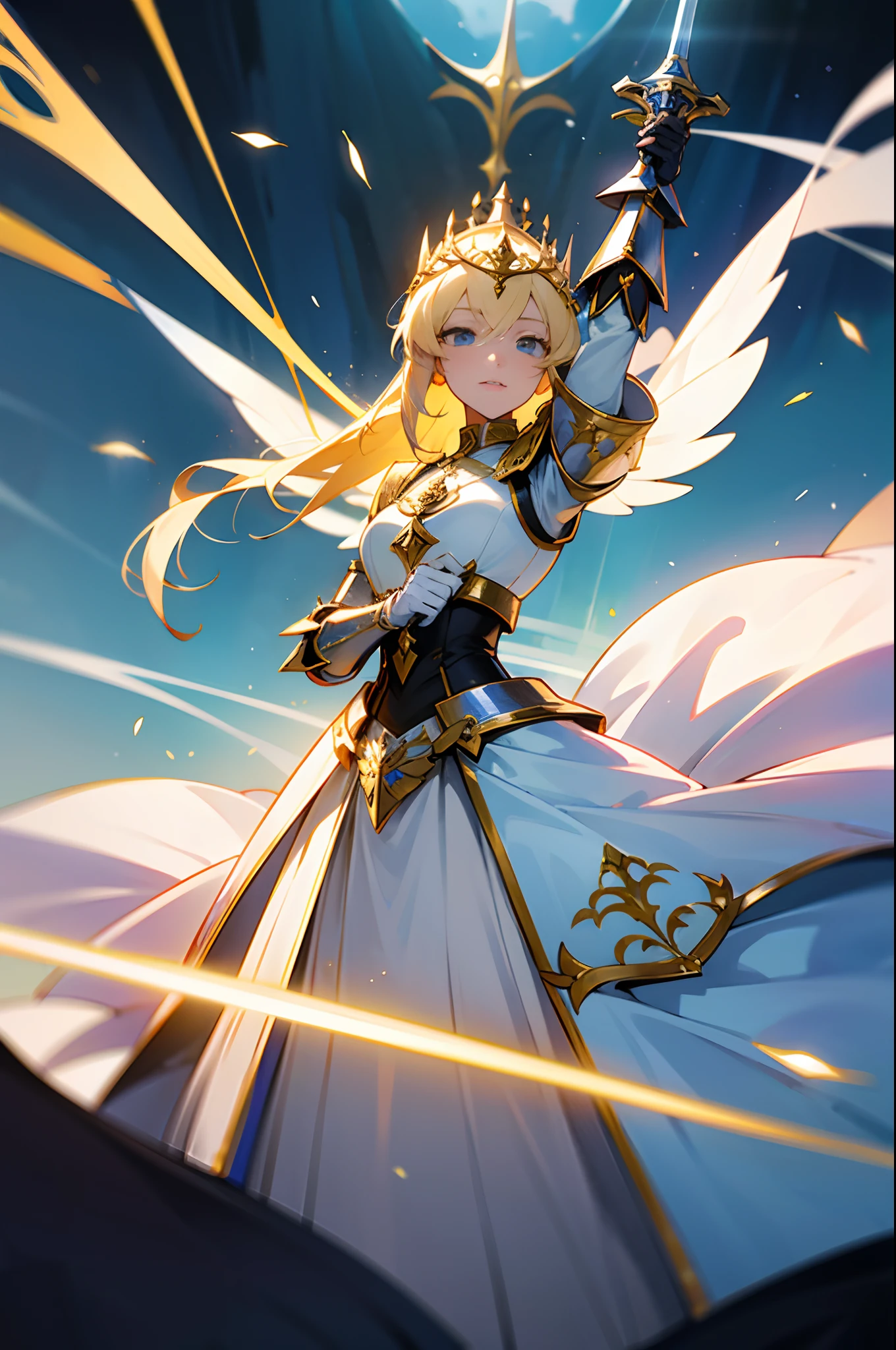A woman in a white dress holds a sword, Anime goddess, alluring elf princess knight, angelic golden armor, Kushatt Krenz Key Art Women, dressed in light armor, Portrait Chevaliers du Zodiaque Fille, Detailed key anime art, elf princess knight, Artoria Pendragon, Armor Girl, knights of zodiac girl,saintess,A high resolution,
