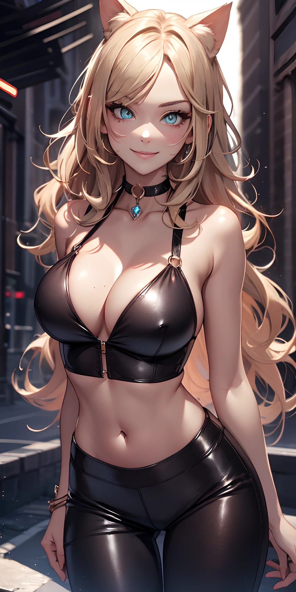 Beautiful stylish, confident woman, wearing a leather halter neck bikini cropped top and leather black tight pants, she has cat wars, wavy long blonde hair, smug smile, diamond choker, glowing detailed eyes.