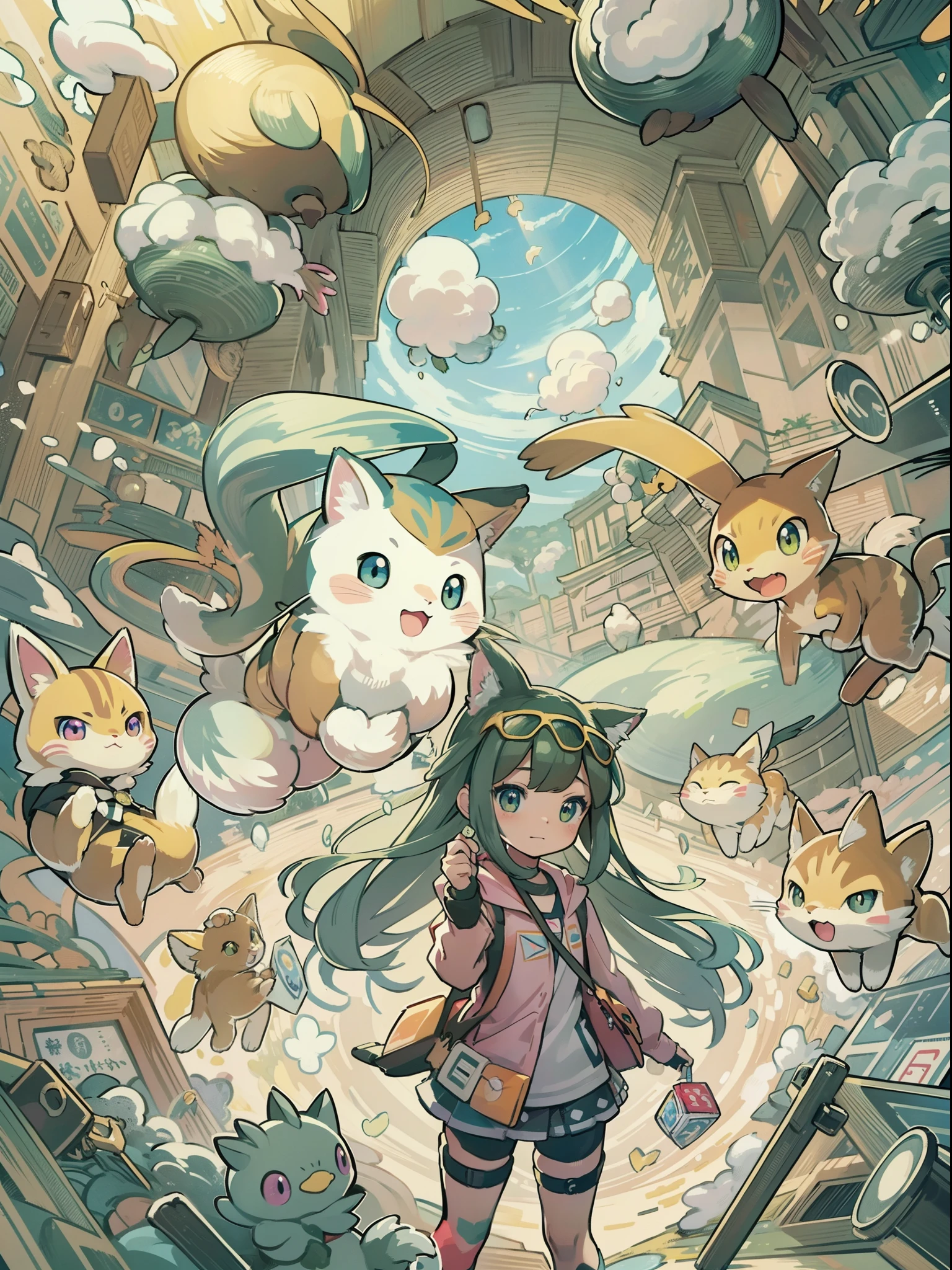 1girl in,A pokémon_The card,(top-quality), (high_quality), (Convoluted_Details), (ultra-detailliert), (illustratio), (Distinct_image),saito_naoki,Vast background、Rainbow View、With cats（（Cute cat１.５））