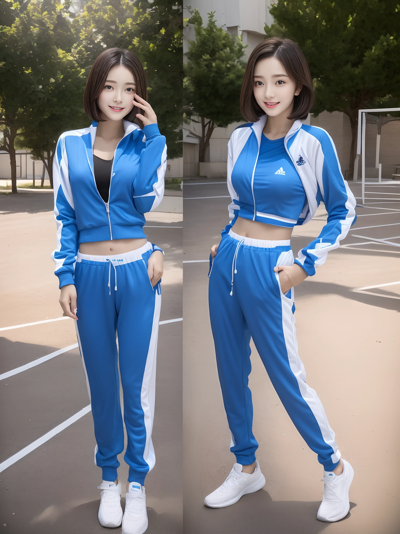 1 very beautiful female high school student,Wear blue and white tracksuits,Play volleyball on the school playground,Super high value,Petite perfect body,Beautiful ultra-short hair,Delicate hair,Fair face and skin,There are beads of sweat hanging down,Have fun on the playground,Breasts are full and huge:1.5,Chest hyperexcion,(The tracksuit on the chest is high and bulging, Tightness and bulging:1.5),Delicate fair and soft toes,White and delicate fingers,fully body photo
