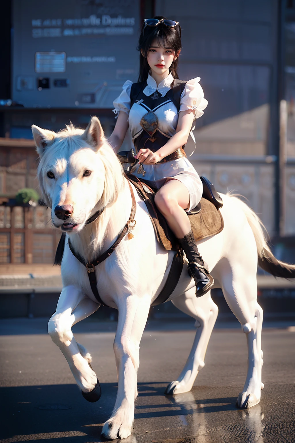 a girl,Riding a giant lovely dog,transparent glass texture,3D, All characters in detailed full body, Highly detailed, vibrant, Ultra high quality, hyper photorealism, Photorealism, rendering by octane,Glass texture