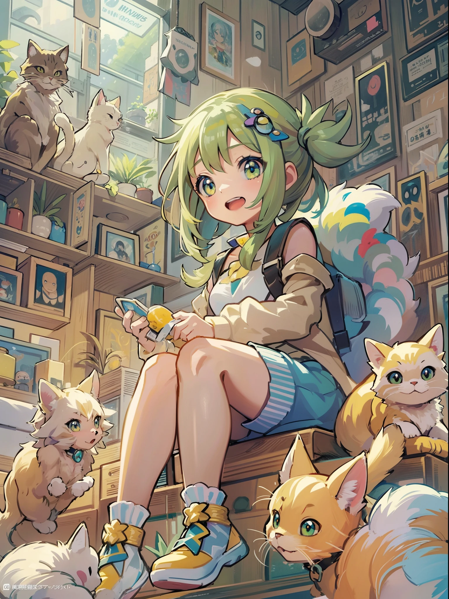 1girl in,A pokémon_The card,(top-quality), (high_quality), (Convoluted_Details), (ultra-detailliert), (illustratio), (Distinct_image),saito_naoki,Vast background、Rainbow View、With cats（（Cute cat１.５））