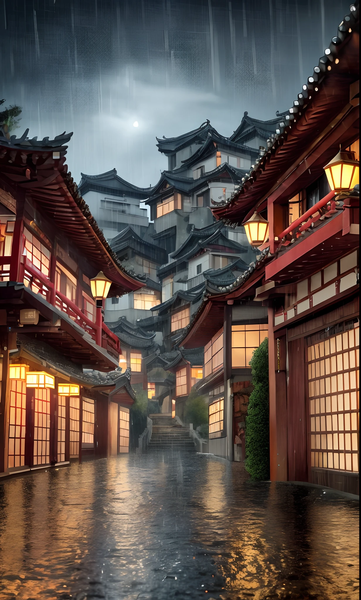 arafed view of a village with a lot of lights on the buildings, dreamy chinese town, chinese village, amazing wallpaper, japanese town, japanese village, hyper realistic photo of a town, old asian village, japanese city, by Raymond Han, rainy evening, cyberpunk chinese ancient castle, beautifully lit buildings, at evening during rain, beautiful and aesthetic, photography, cinematic, 8k, high detailed ((Heavy rain)))