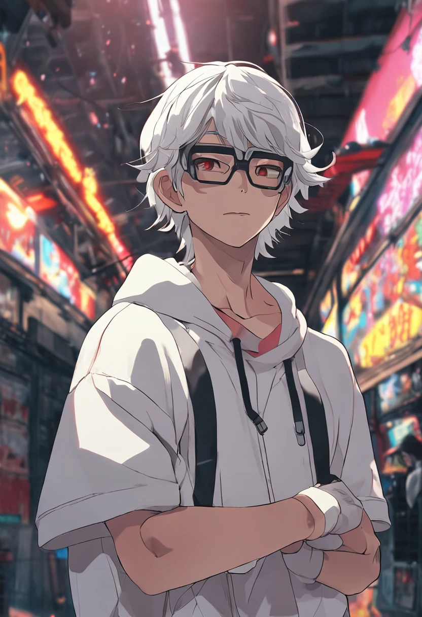 Gray-haired Japanese anime youth,Wearing VR glasses,, White hoodie, White shorts, No tattoos, Not long beard,  wearing VR glasses