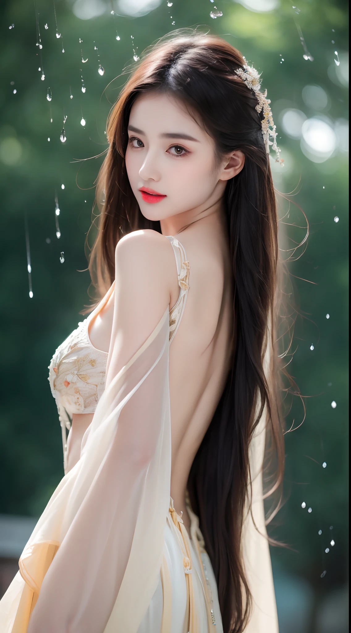 ((Best Quality, 8k, Masterpiece: 1.3)), Focus: 1.2, Perfect Body Beauty: 1.4, Buttocks: 1.2, ((Layered Haircut)), (Wet Clothes: 1.1), (Rain, Street:1.3), (Breasts: 1.2), (Hanfu: 1.2), Bare Shoulders, Bare Legs, Highly Detailed Face and Skin Texture, Fine Eyes, Double Eyelids, Whitened Skin, Long Hair, (Shut Up: 1.5), (Bokeh Background: 1.5), Big Breasts