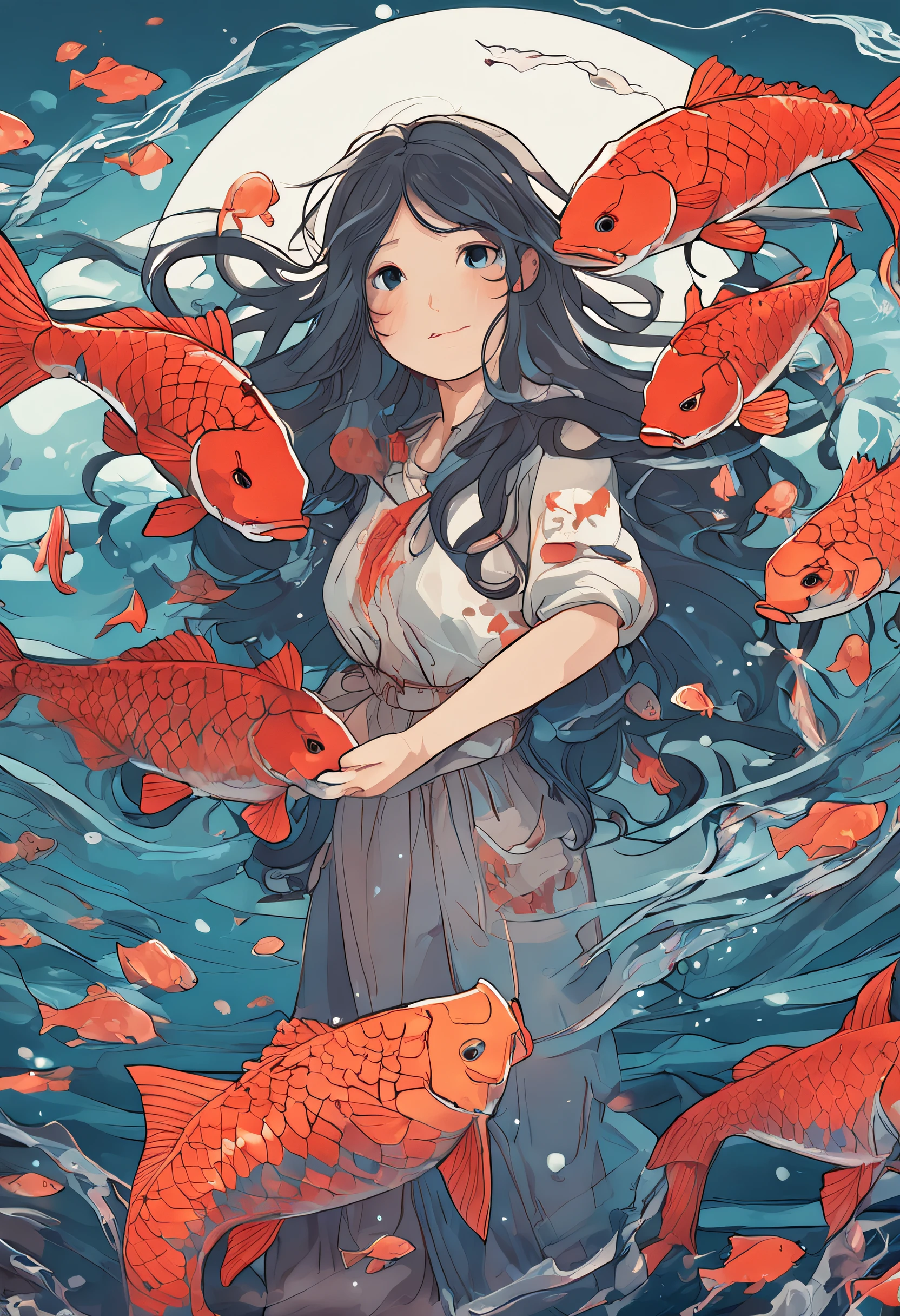 In the deep sea, A long-haired girl holds a koi fish in her arms，Ultra-clear，2D，Emphasize red and blue，Golden section