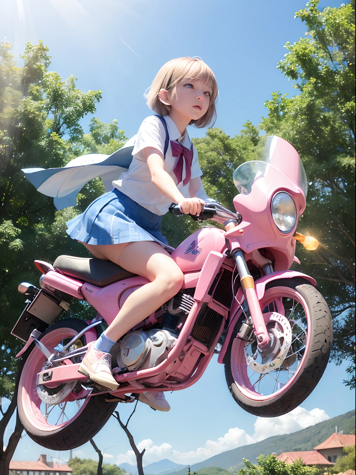 (Best Quality, Masterpiece: 1.1), (Realistic: 1.4), Beautiful schoolgirl is riding on the pink squid, god ray, teen, silver short hair, blue eyes, full body, from below, hourglass body shape, flying over the park, crystallineAI, fractal art, splash