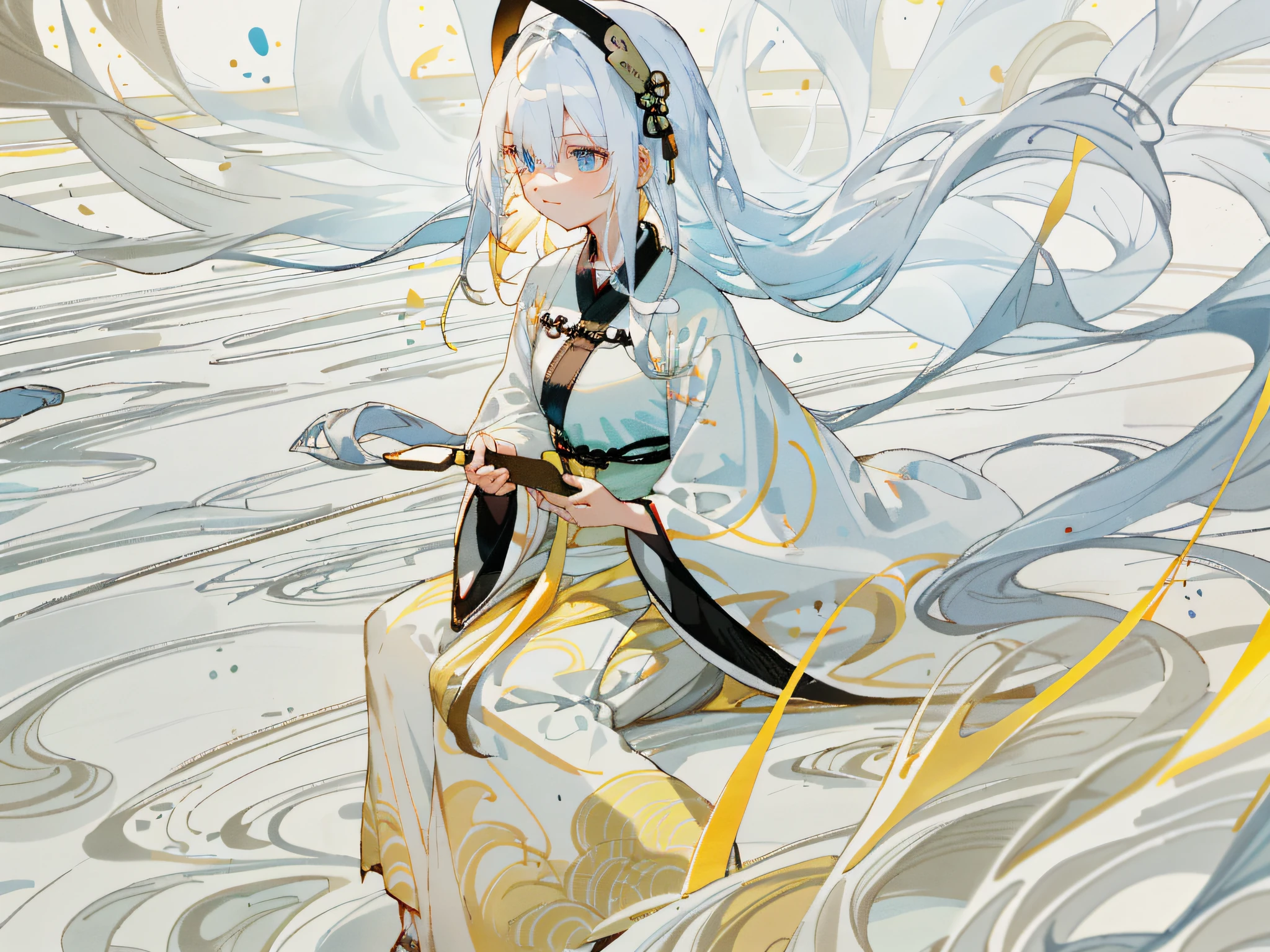 dusk,amazed,moody lighting,classroom,sitting,rim light,1girl,1girl，White hair，blue eyes，gufeng,Very long Hanfu，Fine clothing details，White Hanfu，White clothing，,4girl，yellow hair，blue eyes，gufeng,Very long Hanfu，Fine clothing details，yellow Hanfu，yellow clothing，,