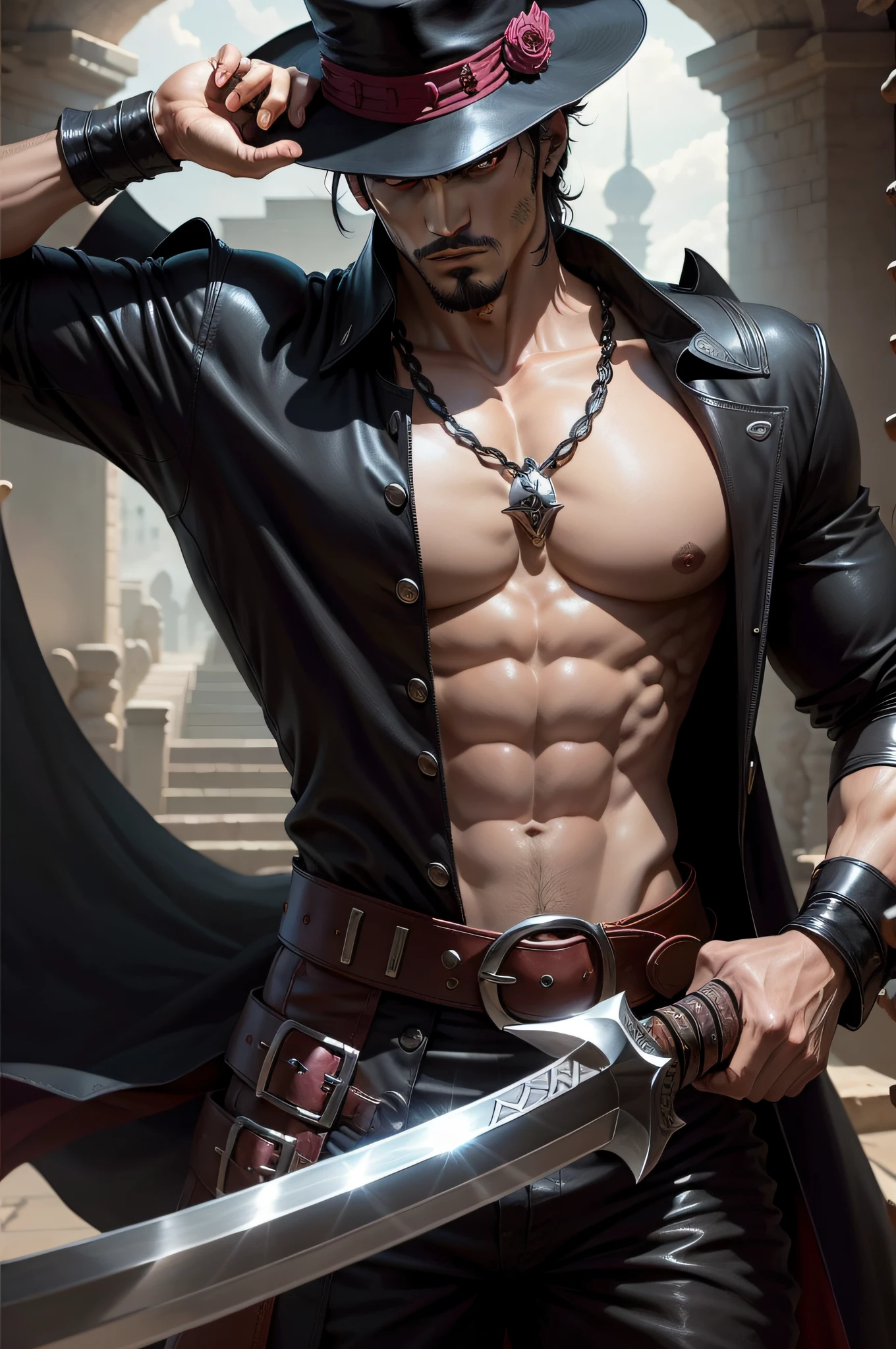 dracule mihawk, swordsman, big black sword, fedora, realsitic