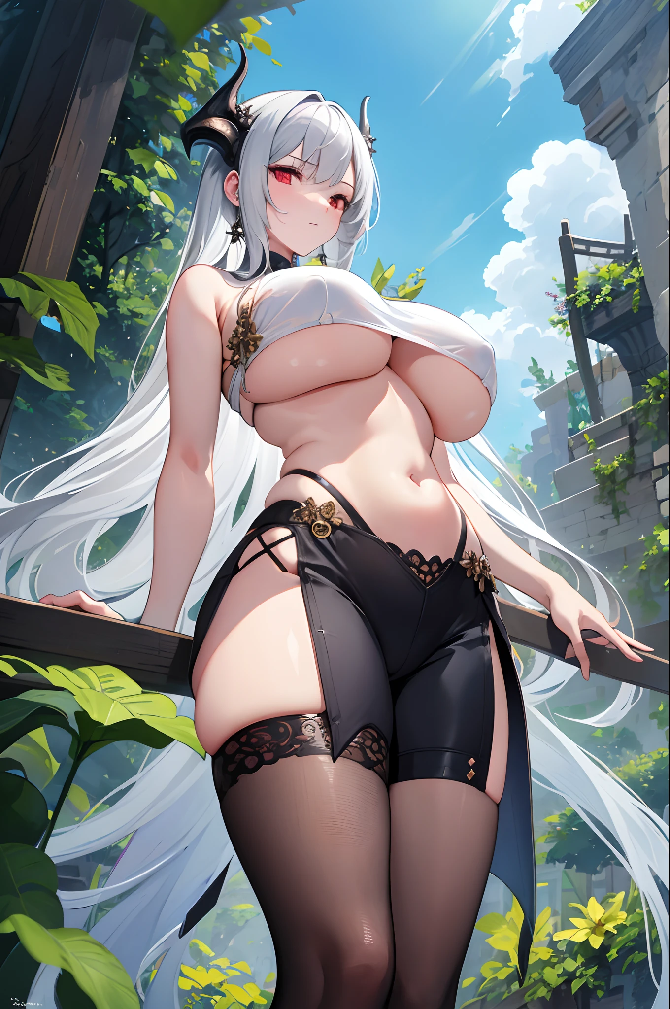masterpiece, best quality, high_resolution, finely detailed, extremely detailed and beautiful, distinct_image, 1 girl, solo, from below, silver hair, red eyes, dragon horns, (huge breasts), (underboob), outdoor, plants, botanical garden, dolphinshorts, arms behind back