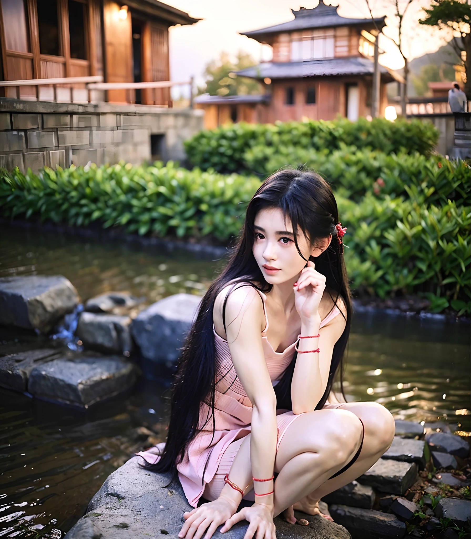 Masterpiece, Best quality, vibrant detail, 1girll, Pink eyes, Long hair, Black hair, the wallpaper, (Realistic, photo-realistic:1.37),Amazing, finedetail, (Grapefruit in front), (Temple in the background), Sitting, red kimono, Medium breasts, Topless, arms back behind, water, Sunset, hair adornments,