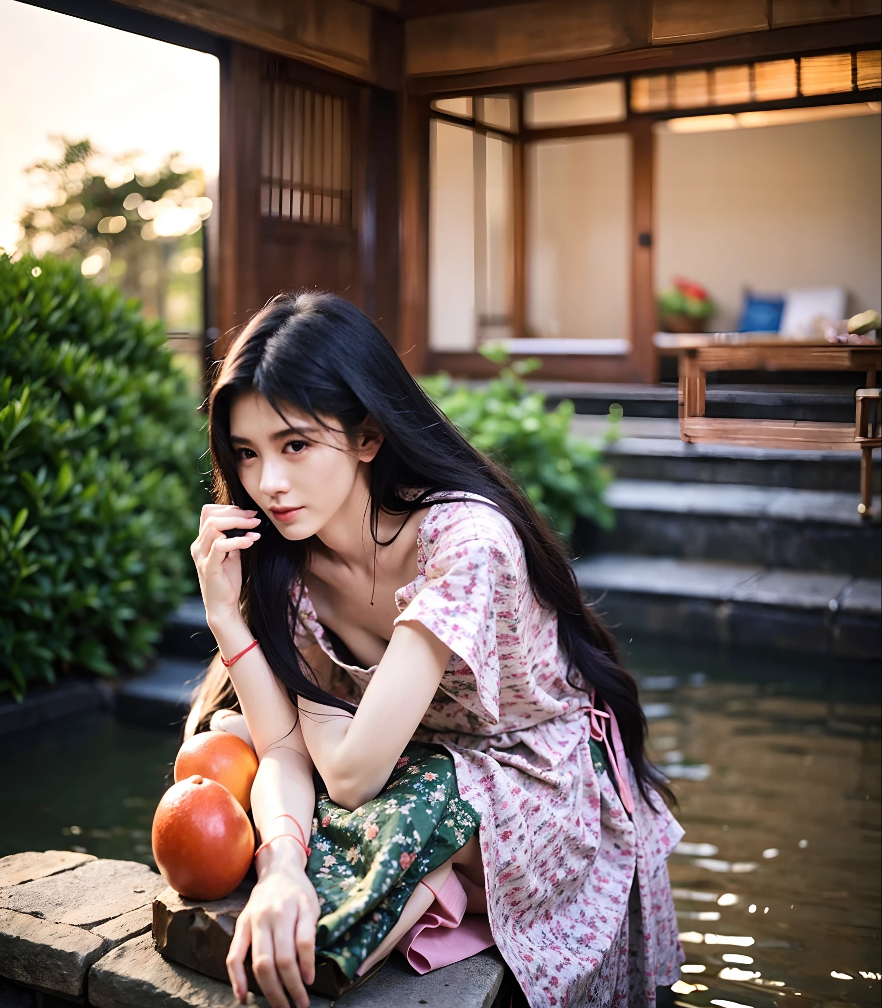 Masterpiece, Best quality, vibrant detail, 1girll, Pink eyes, Long hair, Black hair, the wallpaper, (Realistic, photo-realistic:1.37),Amazing, finedetail, (Grapefruit in front), (Temple in the background), Sitting, red kimono, Medium breasts, Topless, arms back behind, water, Sunset, hair adornments,