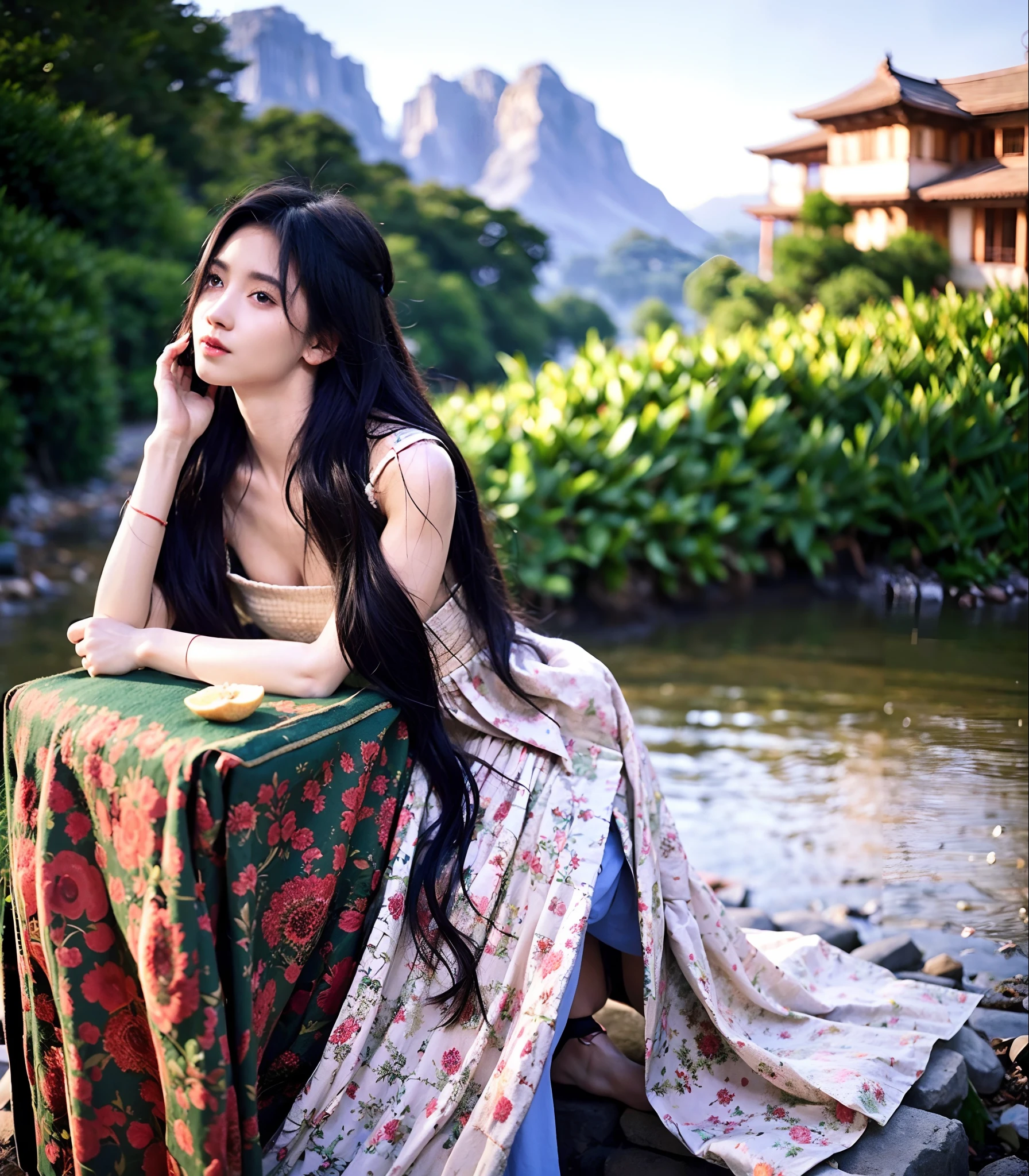 Masterpiece, Best quality, vibrant detail, 1girll, Pink eyes, Long hair, Black hair, the wallpaper, (Realistic, photo-realistic:1.37),Amazing, finedetail, (Grapefruit in front), (Temple in the background), Sitting, red kimono, Medium breasts, Topless, arms back behind, water, Sunset, hair adornments,