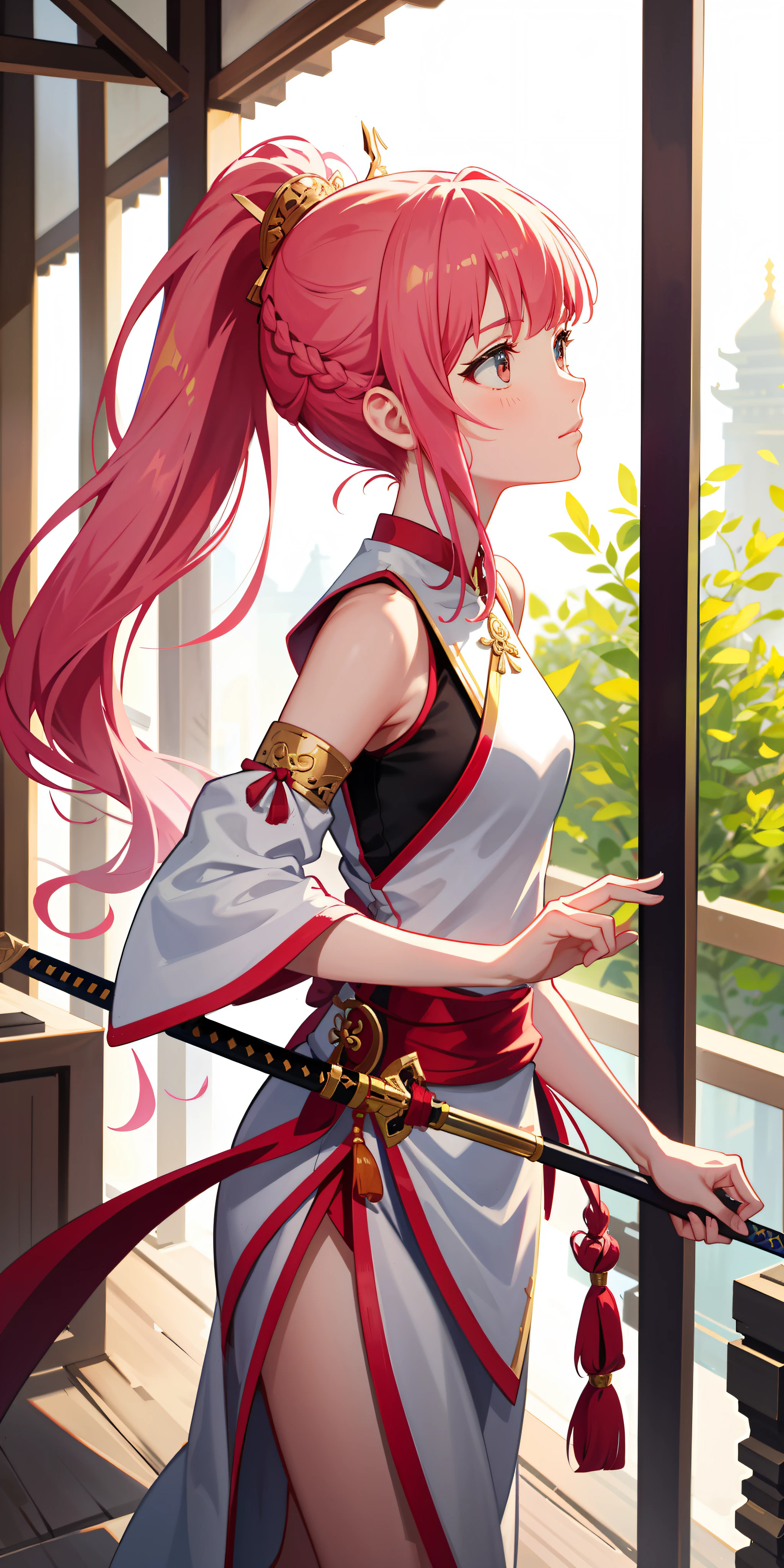 Girl dancing sword in temple,High ponytail,Delicate facial features