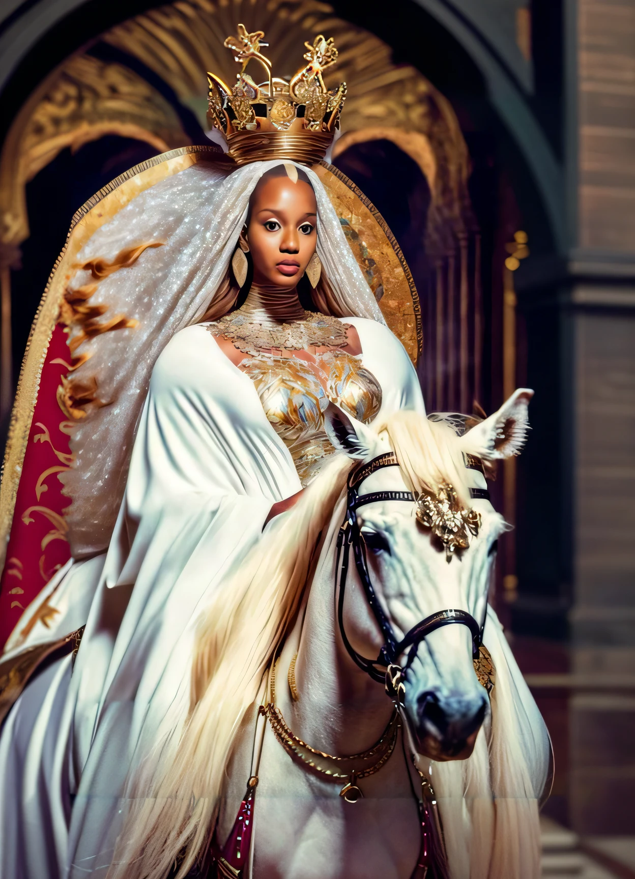 Queen Araffe on a horse with a crown on her head, beyonce as the pope, Deusa Rainha, beyonce as wonder woman, uma bela imperatriz fantasia, arab princess, ((uma bela imperatriz fantasia)), rainha bonita, padroeiro do, Um retrato impressionante de uma deusa, Princesa africana deslumbrante, alta moda medieval, Rainha e governante do universo