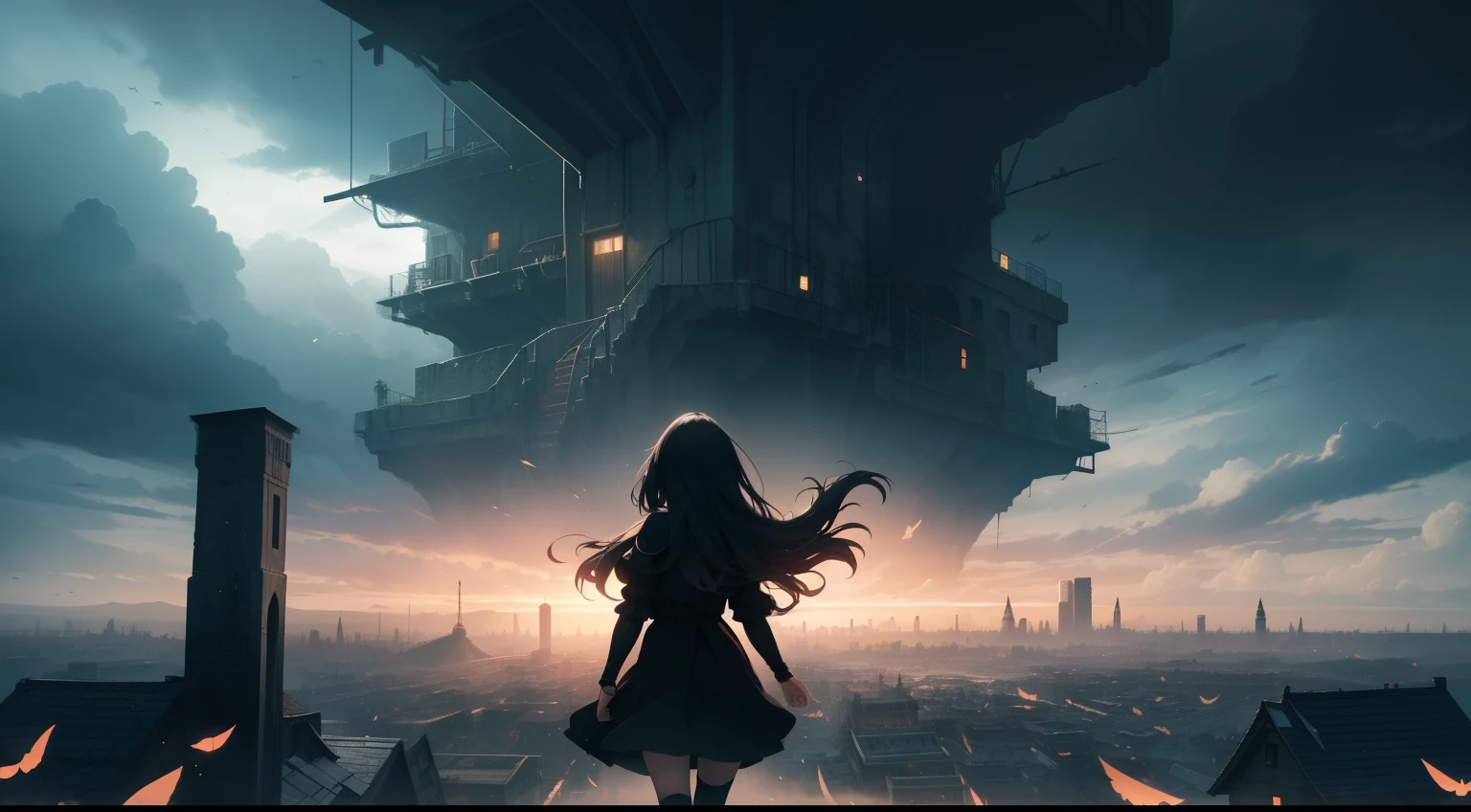 masutepiece, Alone in the depths of the dark earth, Find the door and key, A deep picture of sadness and hope, Dark clouds approaching the bottom of the Earth, A dystopian city surrounded by high walls, girl in black dress, Long hair fluttering in the wind.