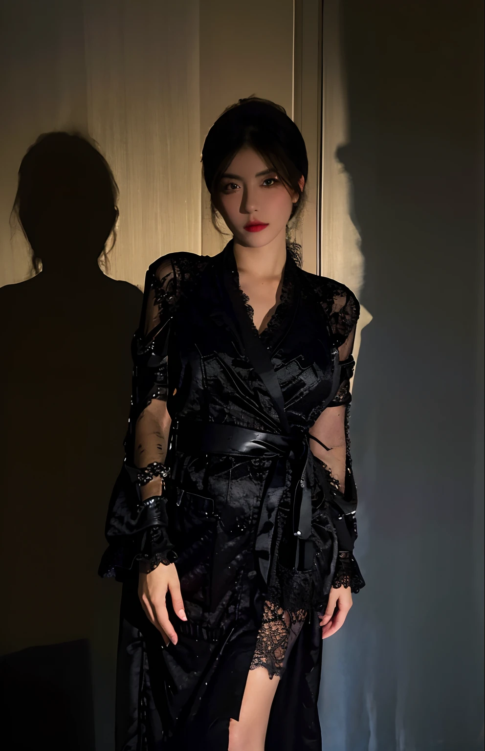 Best Quality, Masterpiece, Ultra High Resolution, (Photorealistic:1.4), Original Photo, 1girl, ((Black Lace Dressing Gown)), ((Big Breasted)), Cool Light