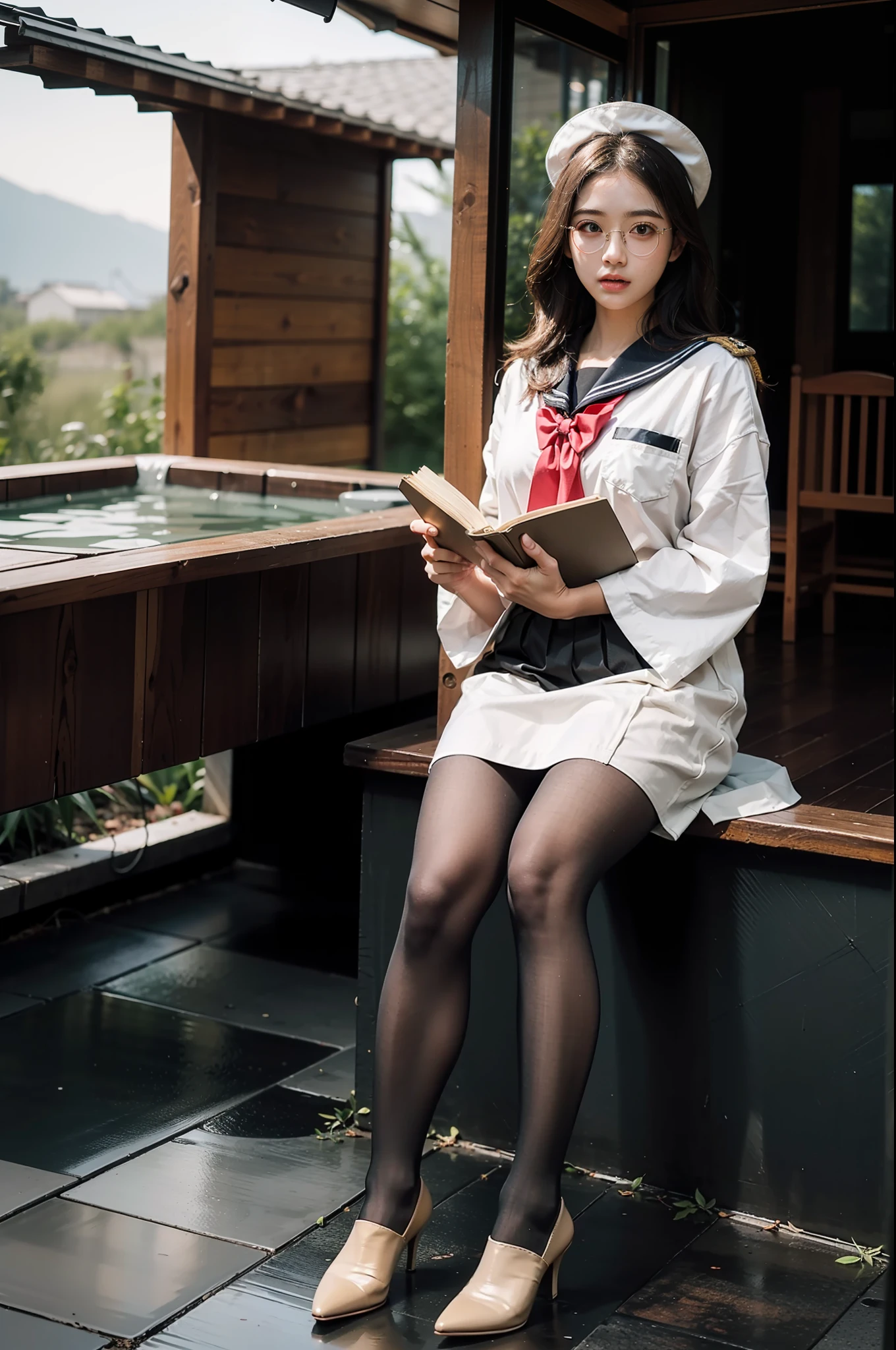 (full body:1.5)，(1girl:1.3),(view the viewer:1.4)，(anatomy correct:1.3),(Sitting in the hot spring:1.2),(He wears large glasses and holds a book in his hand:1.15),(shy:1.15)，(A Khaki and white Sailor dress with ribbons:1.2),(Tan Pantyhose:1.3),( Uniform high heels leather shoes with bows for female students:1.1)，(Accurate and perfect face:1.3),hyper HD, Ray traching, reflective light， structurally correct, Award-Awarded, high detail, lighten shade contrast, Face lighting ，cinematic lighting, masterpiece, super detailing, high quality, high detail, best quality, 16k，High contrast,