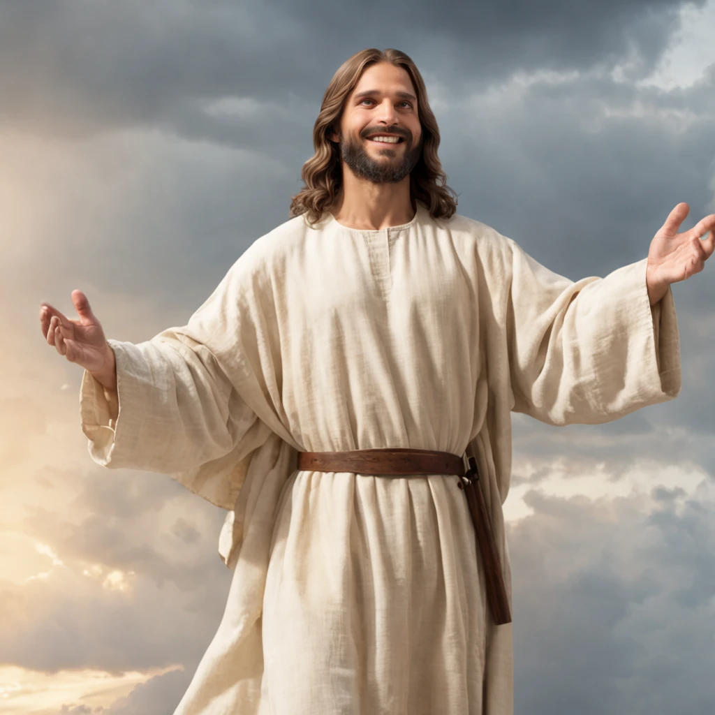 Deus Todo-Poderoso Jesus Cristo ( cruz) ( cruz de Jesus) Blessing to Heaven 35 years old with long brown hair and long beard, Heaven blesses light with a cross background) cara feliz, 8K realista,Um belo retrato realista ultra-fino de Jesus, O Profeta, um homem 35 anos morena hebraica, cabelos castanhos curtos, olhos perfeitos reais, barba marrom longa, com, Ajudando Pessoas , wearing long linen tunic closed on the breast part, em vista frontal, corpo inteiro, biblical, Realistic,by Diego Velázquez,Pedro Paulo Rubens,Rembrandt,Alex Ross,8k, arte conceitual, fotorrealista, Realistic, illustration, oil painting, Surrealismo, hiper-realista, Ajudando Pessoas , arte digital, Estilo, watercolorReal Jesus flying in the sky with a flying cloud in the background, Jesus walking on water, biblical illustration, epic biblical representation, forcing him to flee, saindo do oceano, ! holding in his hand!, Desembarcar, Deus do Oceano, beautiful depiction, Modelo 3D 8k, Realistic,
a realistic 3D of Jesus with a halo in the sky, Jesus Cristo, Smiling in the sky, Retrato de Jesus Cristo, rosto de Jesus, 35 jovem deus todo-poderoso, Retrato de um Deus Celestial, Greg Olsen, Jesus Gigachad, jesus of nazareth, Jesus, A face de Deus, Deus olhando para mim, he is greeting you warmly, he is happy, imagem do avatar