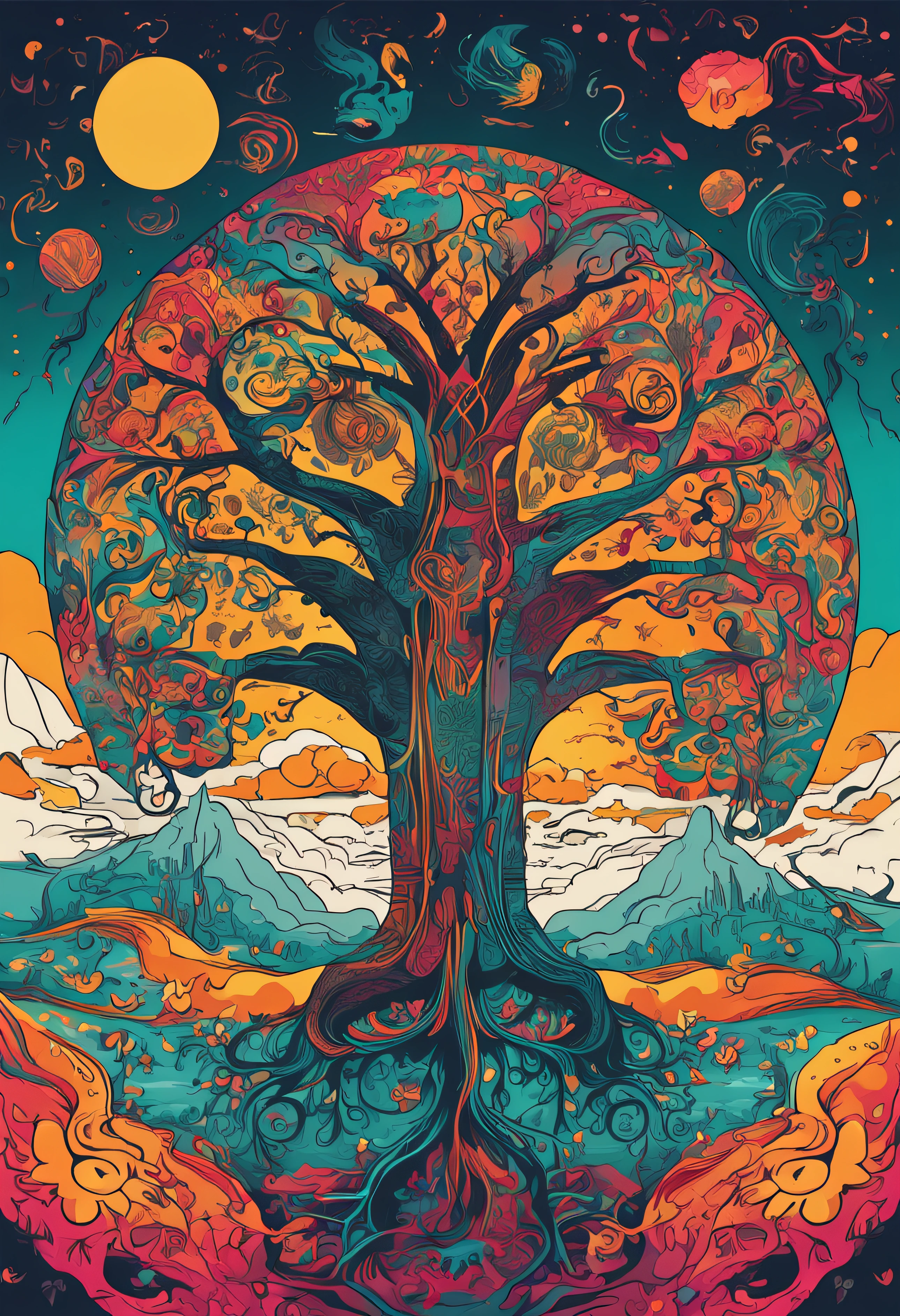 the tree of life, the beginning of creation, melting in the parallel universe, psychedelic