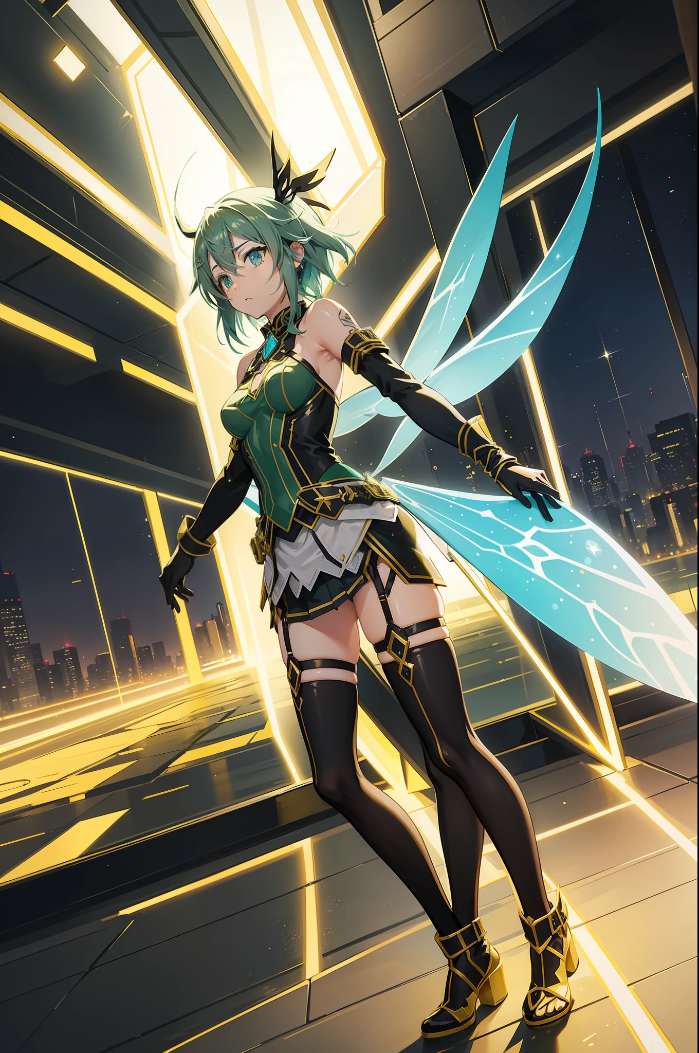Asada Sinon from Sword Art Online, with magnificent fairy wings, golden glasses, in a masterpiece, best quality 16k anime wallpaper. The background is set in a cyberpunk world, with a sniper aura and stunning bullet effects.