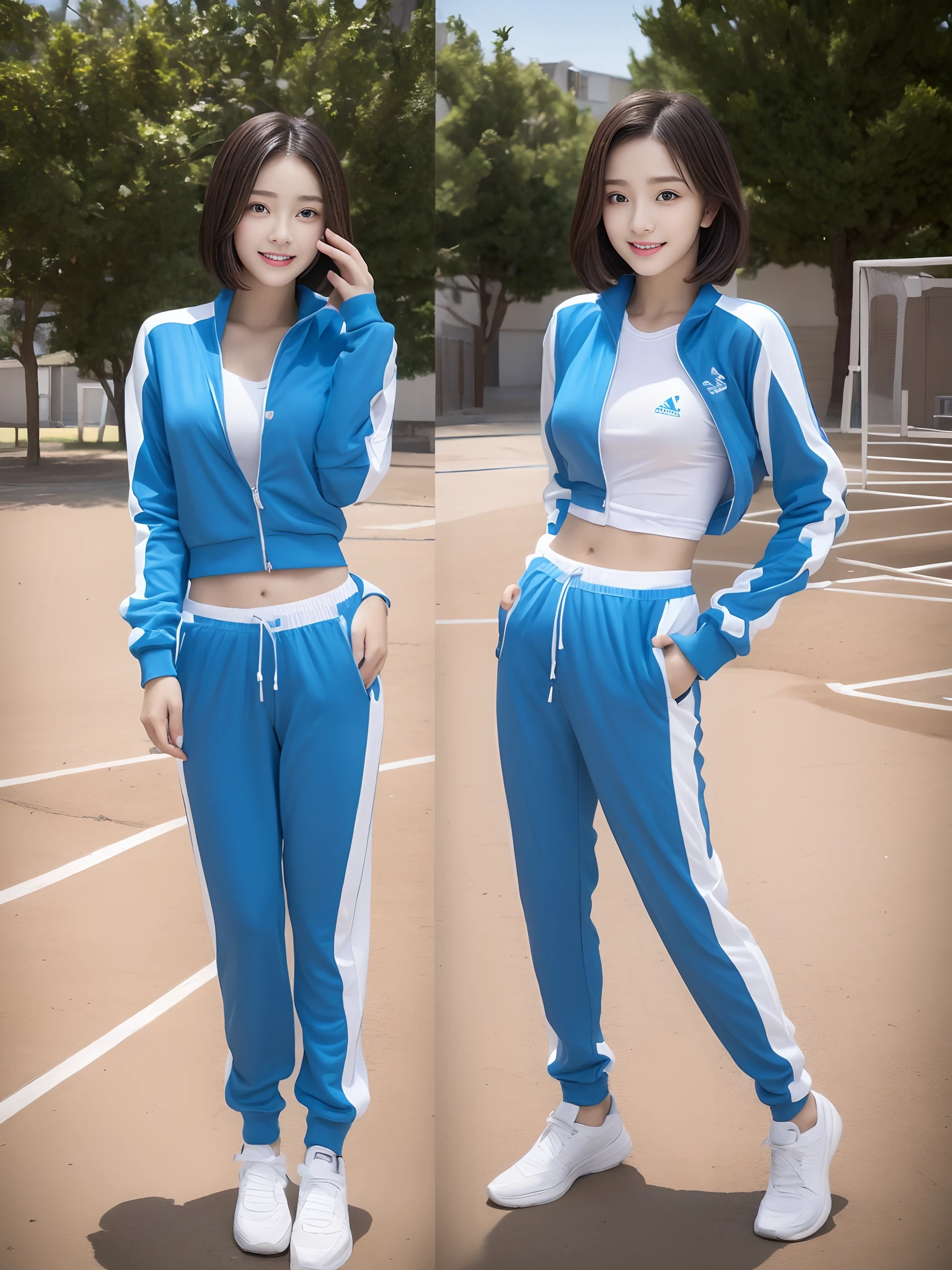 1 very beautiful female high school student，Wear blue and white tracksuits，Play volleyball on the school playground，Super high value，Petite perfect body，Beautiful ultra-short hair，Delicate hair，Fair face and skin，There are beads of sweat hanging down，Have fun on the playground，Breasts are full and huge:1.5，Chest hyperexcion，（The tracksuit on the chest is high and bulging, Tightness and bulging:1.5），Delicate fair and soft toes，White and delicate fingers，fully body photo
