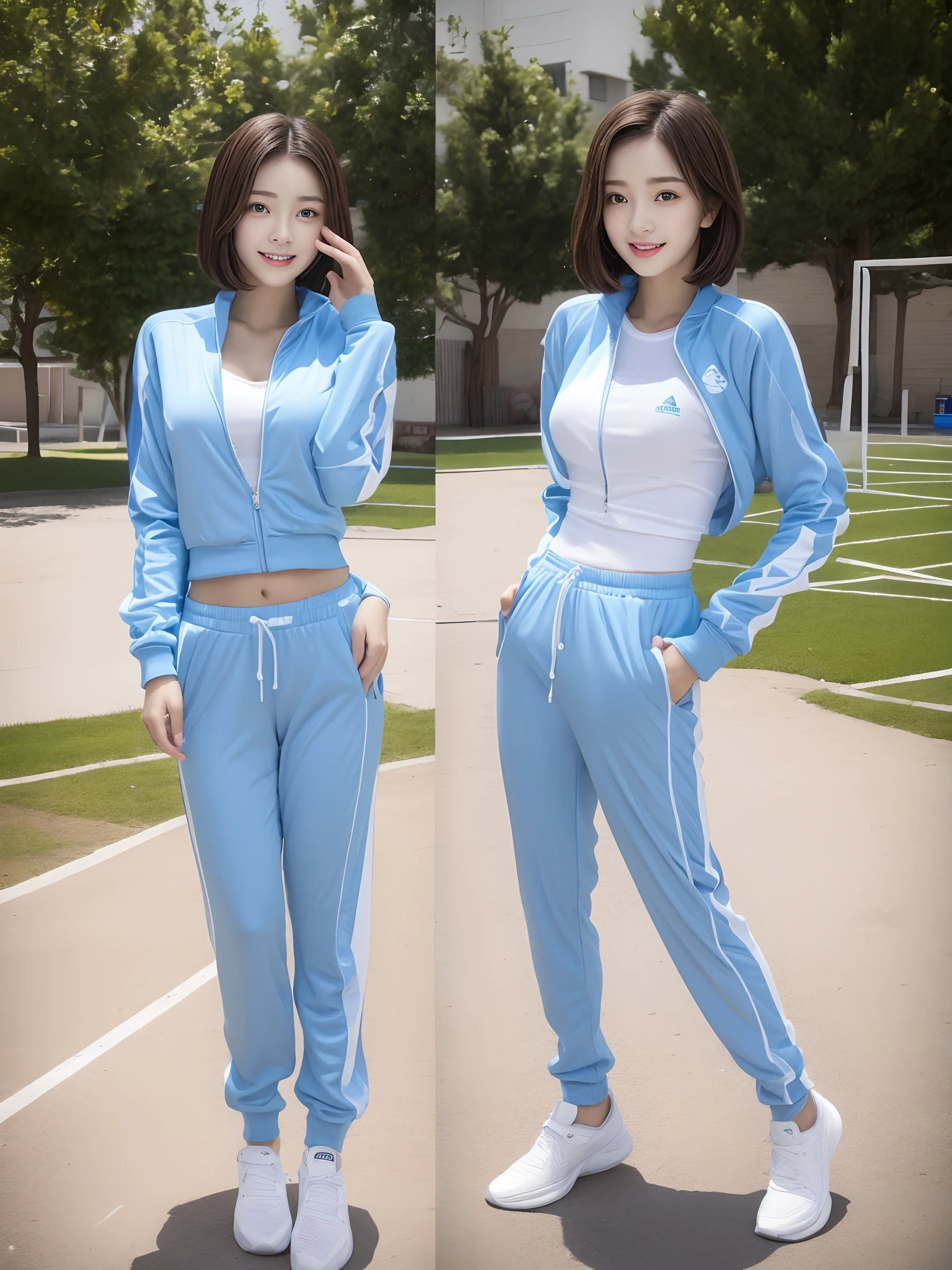 1 very beautiful female high school student,Wear blue and white tracksuits,Play volleyball on the school playground,Super high value,Petite perfect body,Beautiful ultra-short hair,Delicate hair,Fair face and skin,There are beads of sweat hanging down,Have fun on the playground,Breasts are full and huge:1.5,Chest hyperexcion,(The tracksuit on the chest is high and bulging, Tightness and bulging:1.5),Delicate fair and soft toes,White and delicate fingers,fully body photo