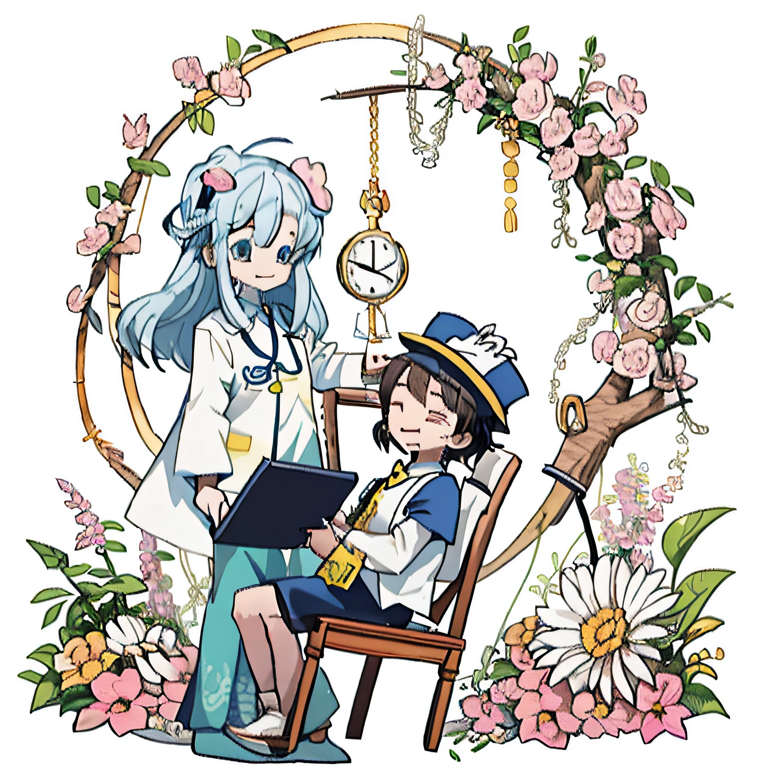 The patient sits in a chair,There were flowers and a clock, Official artwork, offcial art, Official anime artwork, 2d anime, 2 d anime style, 《Ghost Wind Special Assault Team》The art of pixels, by Kamagurka, high detailed official artwork, Official illustration, Department of Pediatrics, An anime cover, from touhou, art style of rune factory 5, shirabii