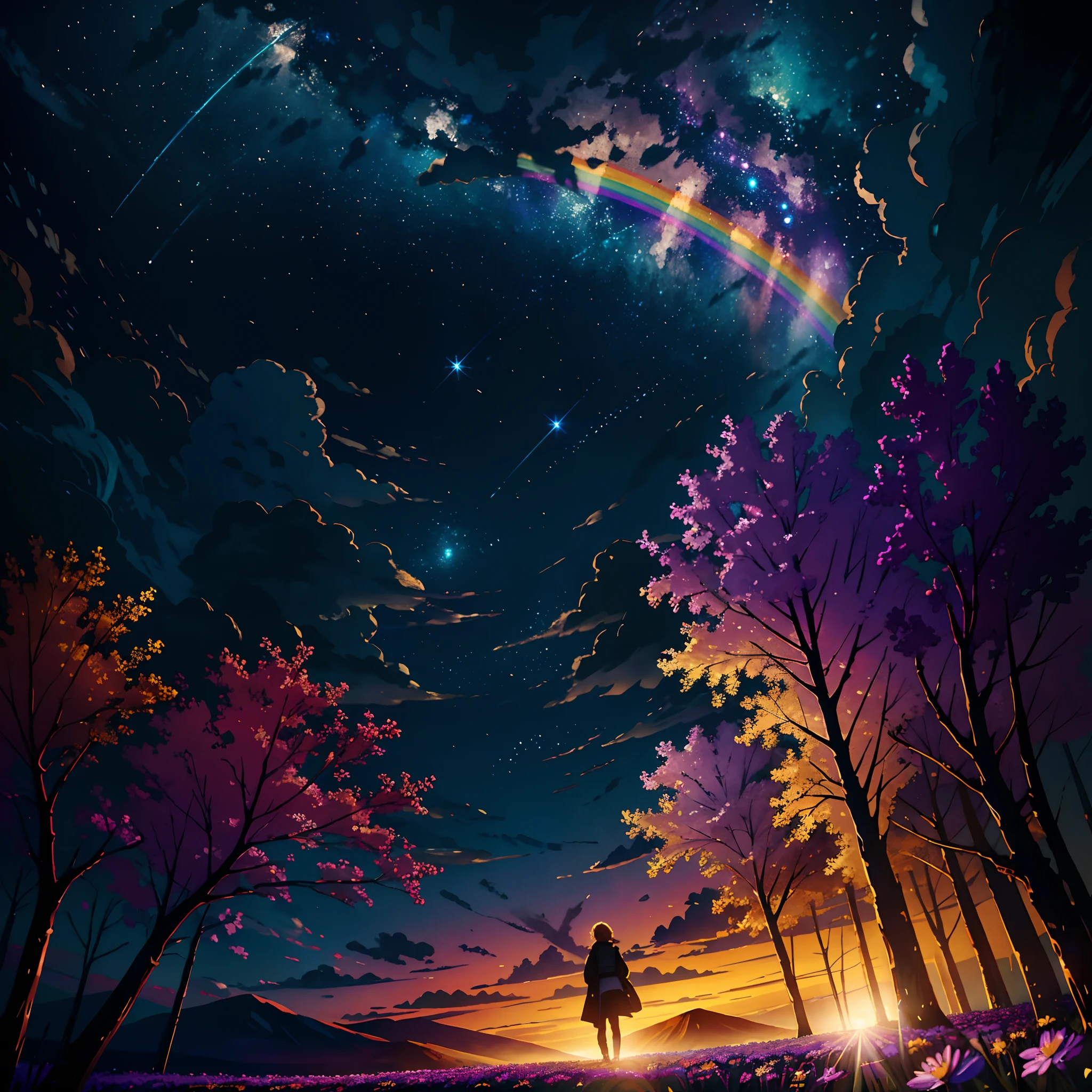 A wide landscape photo, (viewed from below, the sky is above, and the open field is below), a girl standing on a flower field looking up, (full moon: 1.2), (meteor: 0.9), (nebula: 1.3), distant mountains , Trees BREAK Crafting Art, (Warm Light: 1.2), (Firefly: 1.2), Lights, Lots of Purple and Orange, Intricate Details, Volumetric Lighting BREAK (Masterpiece: 1.2), (Best Quality), 4k, Ultra Detailed, (Dynamic Composition: 1.4), Rich in Detail and Color, (Rainbow Color: 1.2), (Glow, Atmospheric Lighting), Dreamy, Magical, (Solo: 1.2)