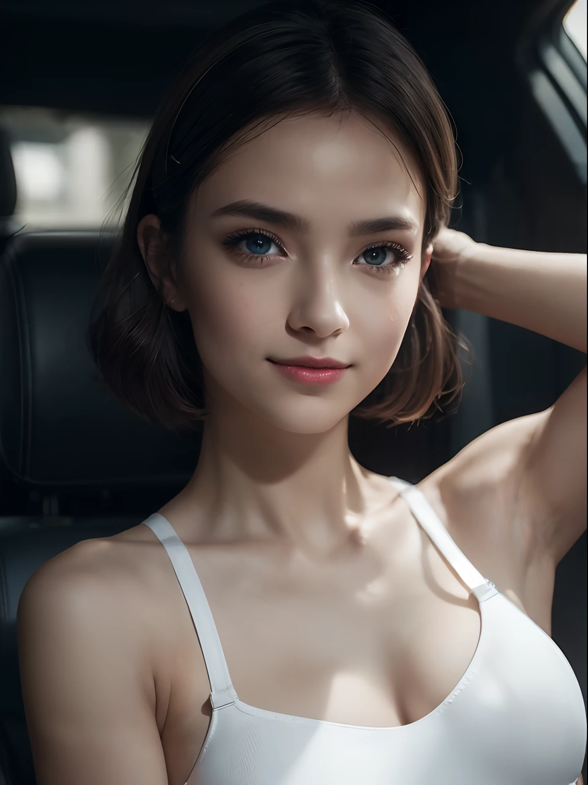 ((((Look at me and show my armpits!!))))Raise your hands to show your armpits、Show underarms、Detailed armpit wrinkles:1.10、Realistic armpit skin、Show underarms、Armpit、A smile、Bright armpits、Oiled shiny armpits:1.15、Tecateca armpits:1.15、Detailed wrinkles in the armpits:1.10、Wrinkles under the armpits:1.10、Bright armpits、gazing at viewer、Staring at this、stares at the camera、Show the navel、Navel))、Show underarms、Braless and white tank top、Armpit photo、22 year old girl、The upper part of the body、in the back seat of a car、nakedness、(Beast 2650:0.9)、(r4ec4mbr4:0.95)、(女の子 1 人)、(realisitic)、(Photorealsitic: 1.5)、inside of a car、Driving、lipsticks、Wear a tank top without a bra、hitornfreckles、(short-hair)、multi color hair、(Raw photography、8K UHD、film grains)、Sharp eyeliner、Blush eyeshadow with thick eyelashes、extremely delicate and beautiful、8K、Soft lighting、hightquality、hight resolution、Armpit sharp focus、ighly detailed、during the day、(Sunlight on the face)、beatiful detailed eyes、extremely detailed eye and face、​masterpiece、lighting like a movie、(High detailed skin:1.2)、8K UHD、Digital SLR、Soft lighting、hightquality、Film particles、FujifilmXT3
