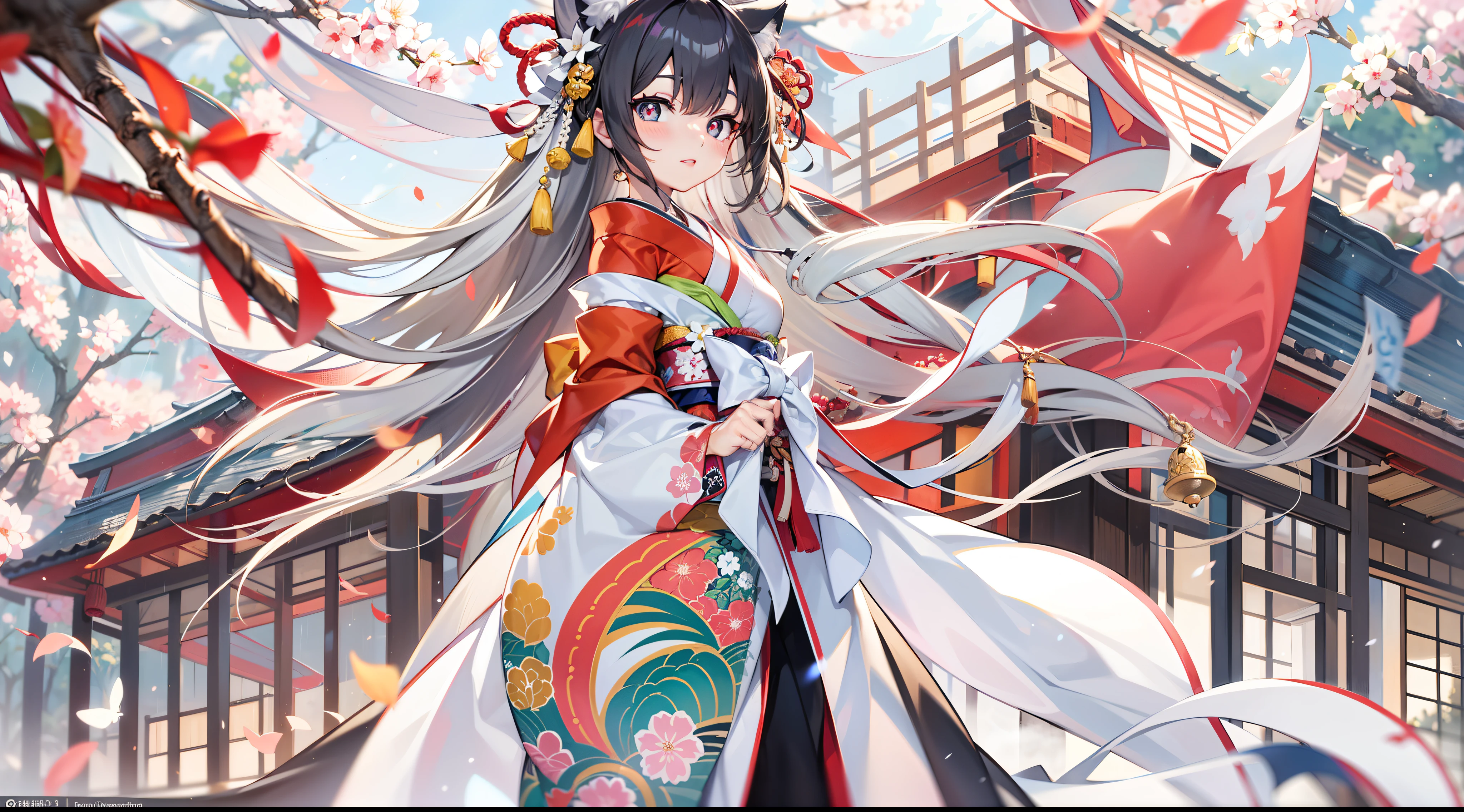 quadratic element,In a Japanese anime style,HighestQuali,A high resolution,tmasterpiece,Golden ratio composition,Anime art wallpaper 8k,wide angles,quaint,(((1girll))),Long white hair,(red pupils),red color eyes,Bright and clear eyes,Wolf ears,Wolf tail,Gorgeous kimono,cheeks slightly red,Bow knot,strappy,White cloth socks,white stockings,Small breasts,(slim toned body),perfect body figure,(The clothes slipped slightly),Japanese mythology,ventania,adolable,having fun,big breasts beautiful,(Stand on a wooden bridge),(rainy evening),(the night),Japanese-style murals,reflective light, luz eenvolvente,Soft lighting,Clear facial features,The hands are clear and correct,The human body is structurally correct,The costumes of the characters are clear and correct,The details are complete and clear,